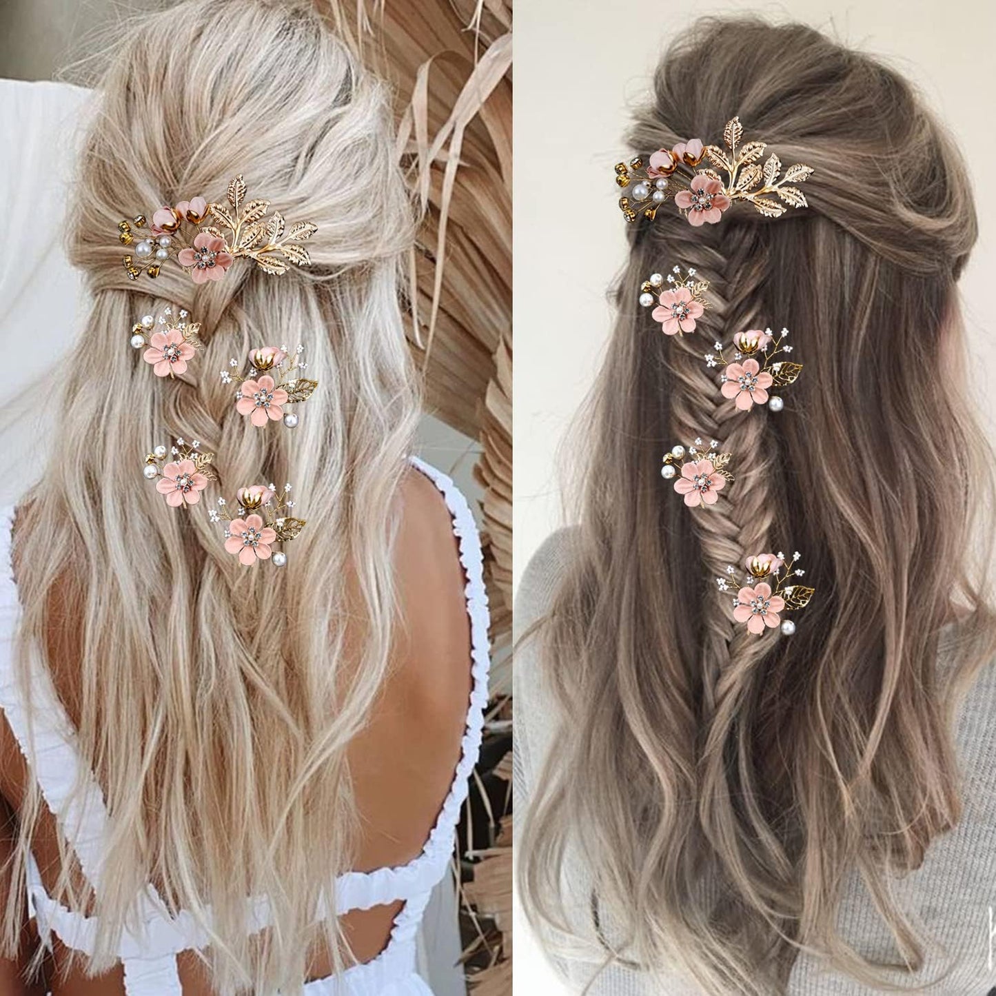 5 PCS Bridal Flower Wedding Hair Pins Crystal Pearl Hair Clips Headpiece Gold Wedding Hair Accessories Jewelry with Rhinestone for Brides Bridesmaids Women Girls Updo(Cherry Blossoms Pink)