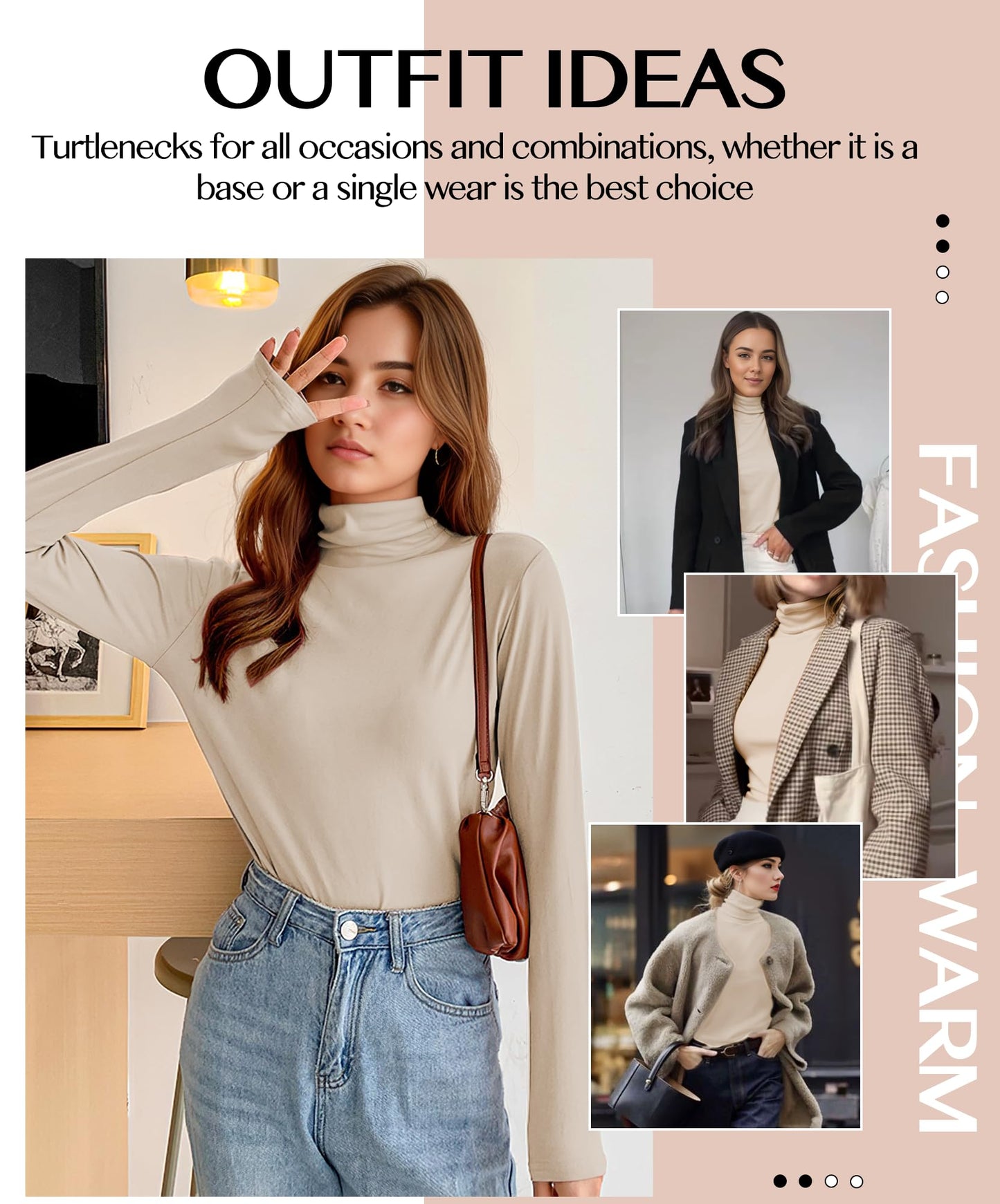 Womens Long Sleeve Turtleneck T-Shirts Mock Neck Underwear Fall Winter Fashion Base Layer Casual Lightweight Soft Tops Beige