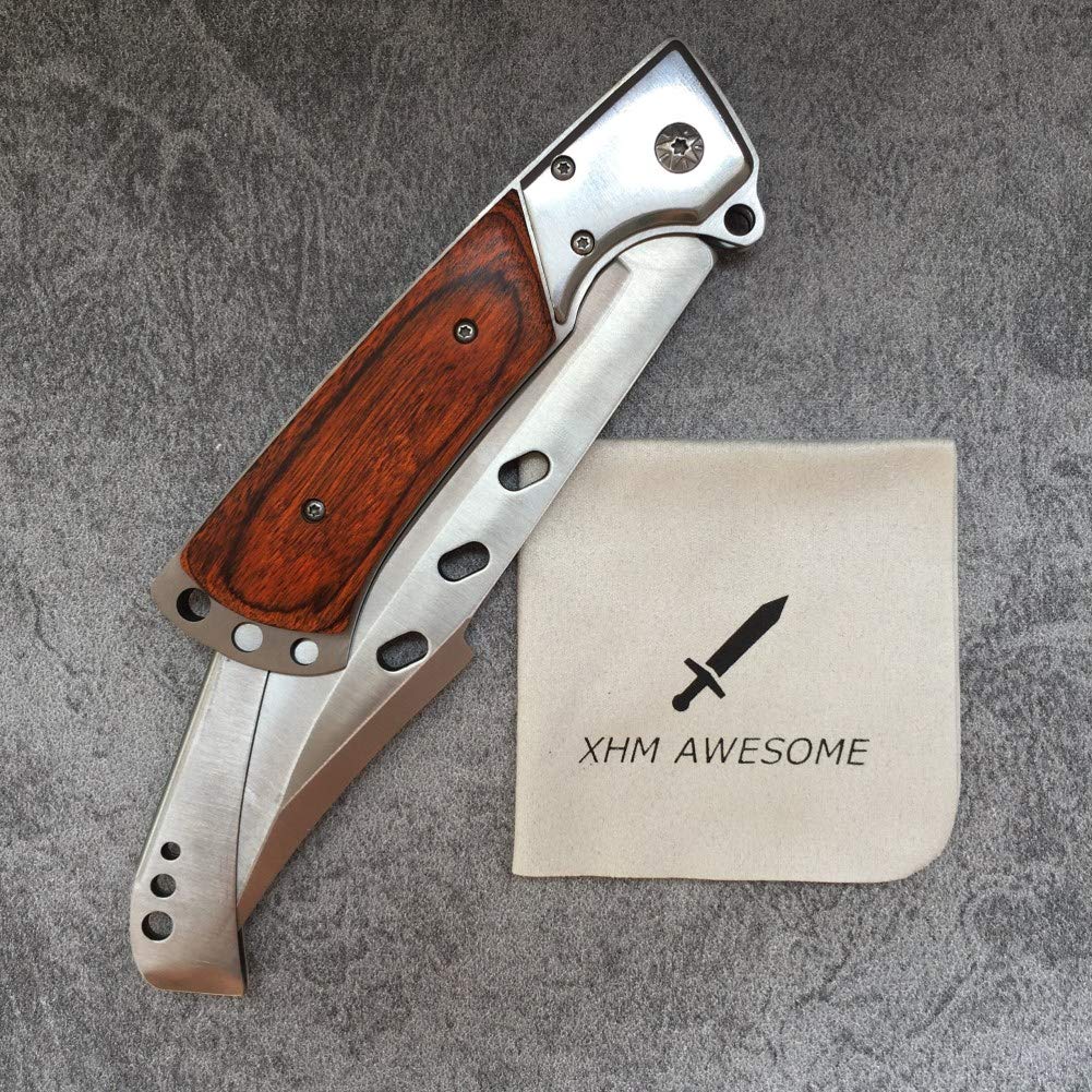 XHM Awesome Folding Knife Large 10.8-inch, Pocket Knives for Men, Hunting, Camping, Fishing, Survival, Hiking, Self Defense, Wood Handle (with Nylon Sheath)