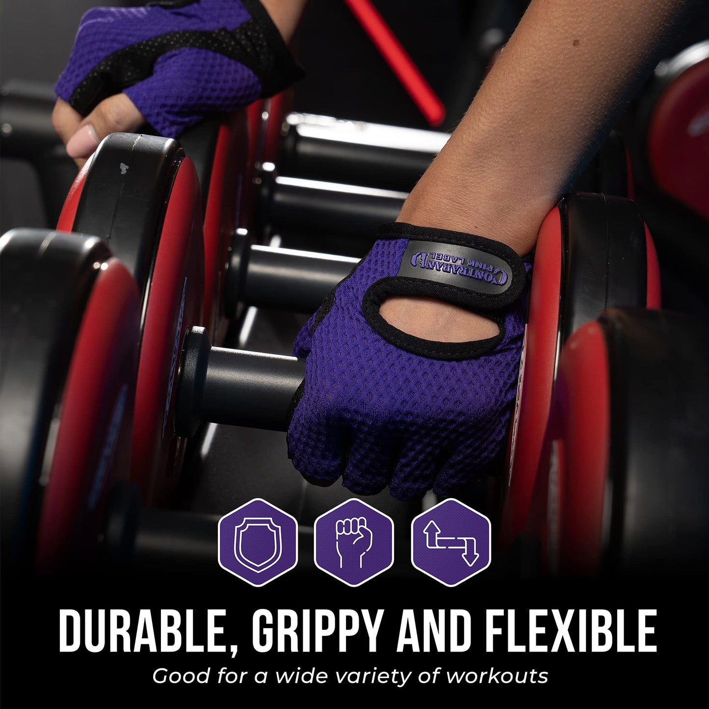 Contraband Pink Label 5307 Womens Designer Workout Gloves | Low Sweat Diamond Mesh Fabric w/Grip-Lock™ Silicone Palm (Purple, X-Small)