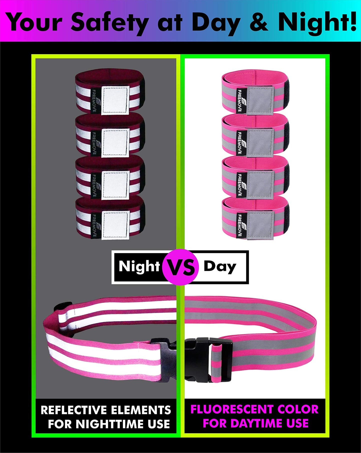 FREEMOVE Reflective Running Gear - a Pack with Adjustable Runners Waist Belt + 4 Arm/Wrist Bands for Men and Women - Stay Safe Day or Night When Dog Walking, Running, Cycling, Jogging, Biking, MTB