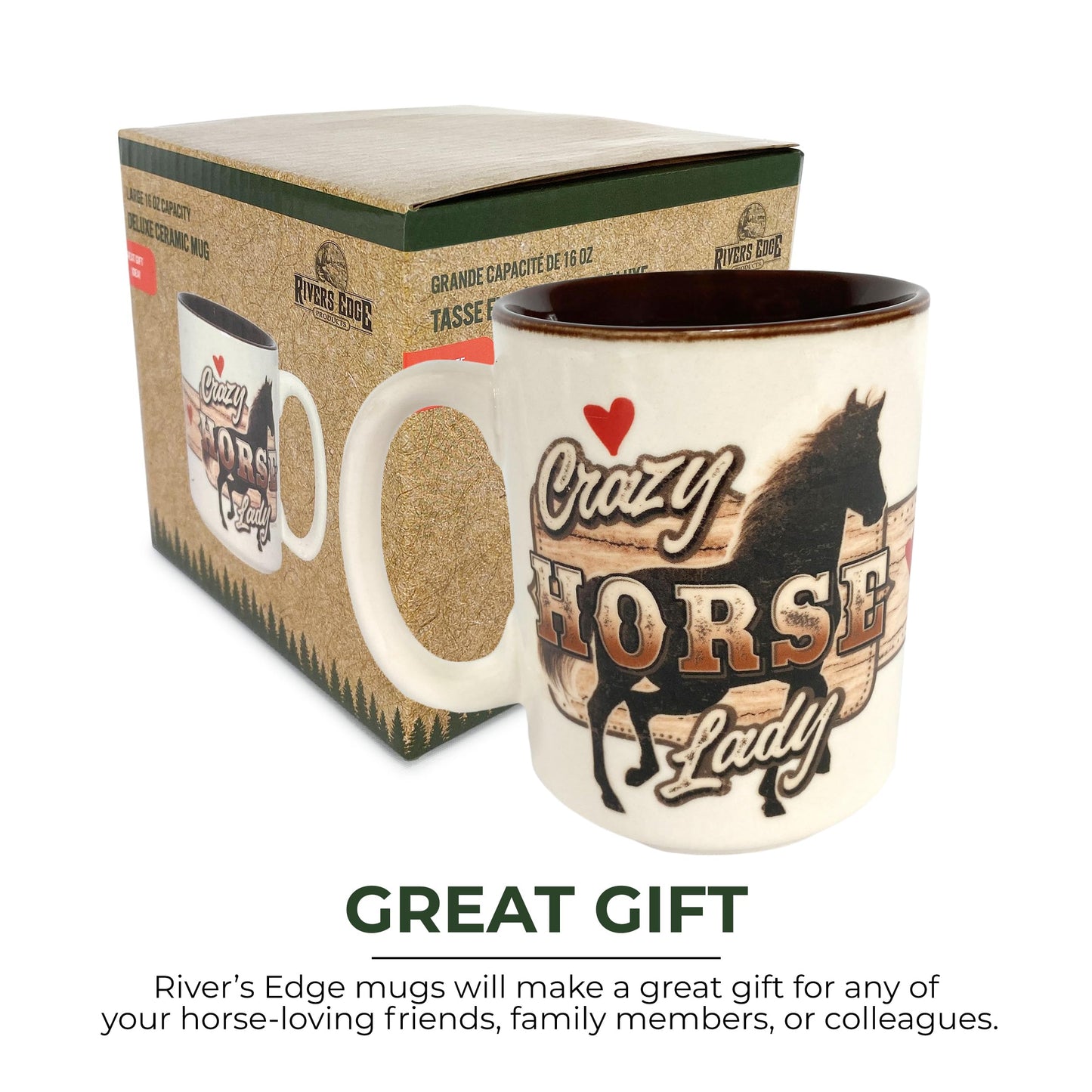 Rivers Edge Products Horse Ceramic Coffee Mug with Handle, 16 Oz, Espresso Cups and Coffee Cups Ceramic, Perfect for Coffee, Expresso, Latte, or Tea, Crazy Horse Lady