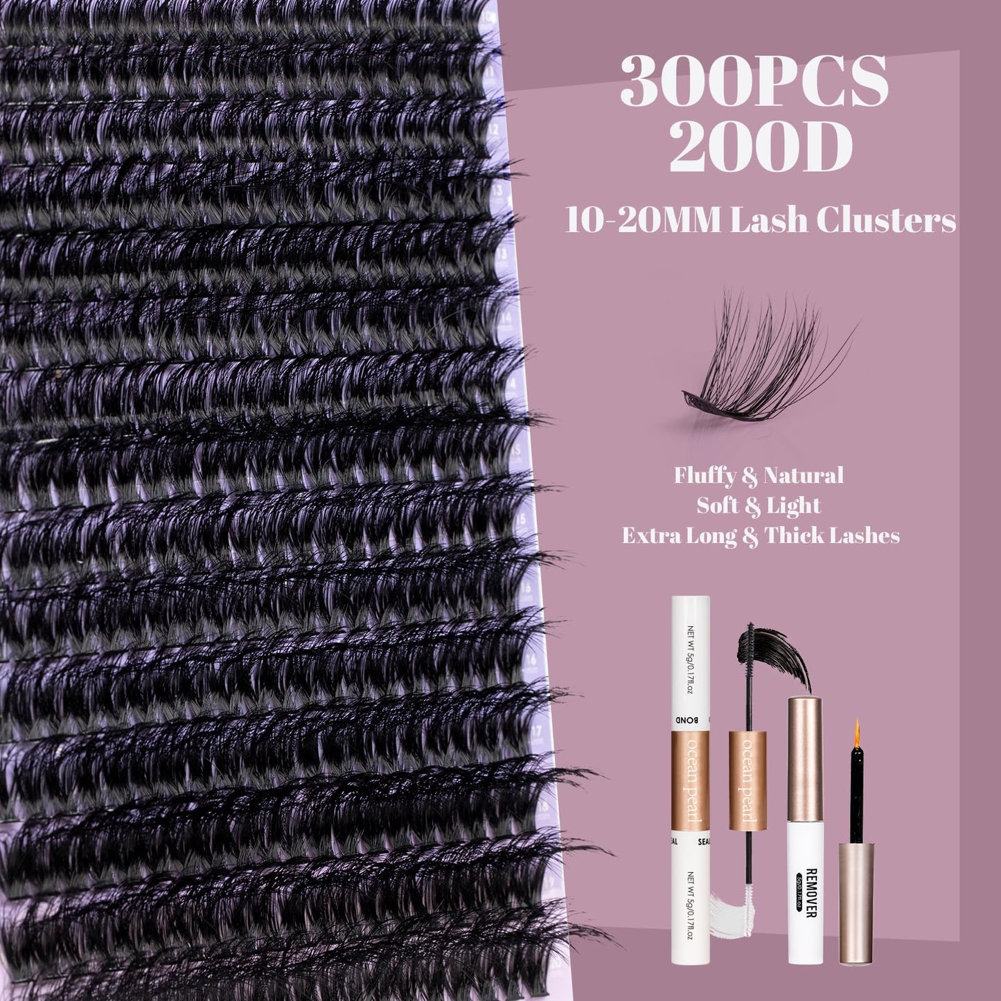 Ocean Pearl Lash Clusters 10-20mm 200D 300PCS Lashes DIY Lash Clusters Kit Individual Lashes Cluster Eyelash Extensions Fluffy Eyelashes Lash Extension Kit with Lash Bond+Seal+Remover+Tweezer-200D