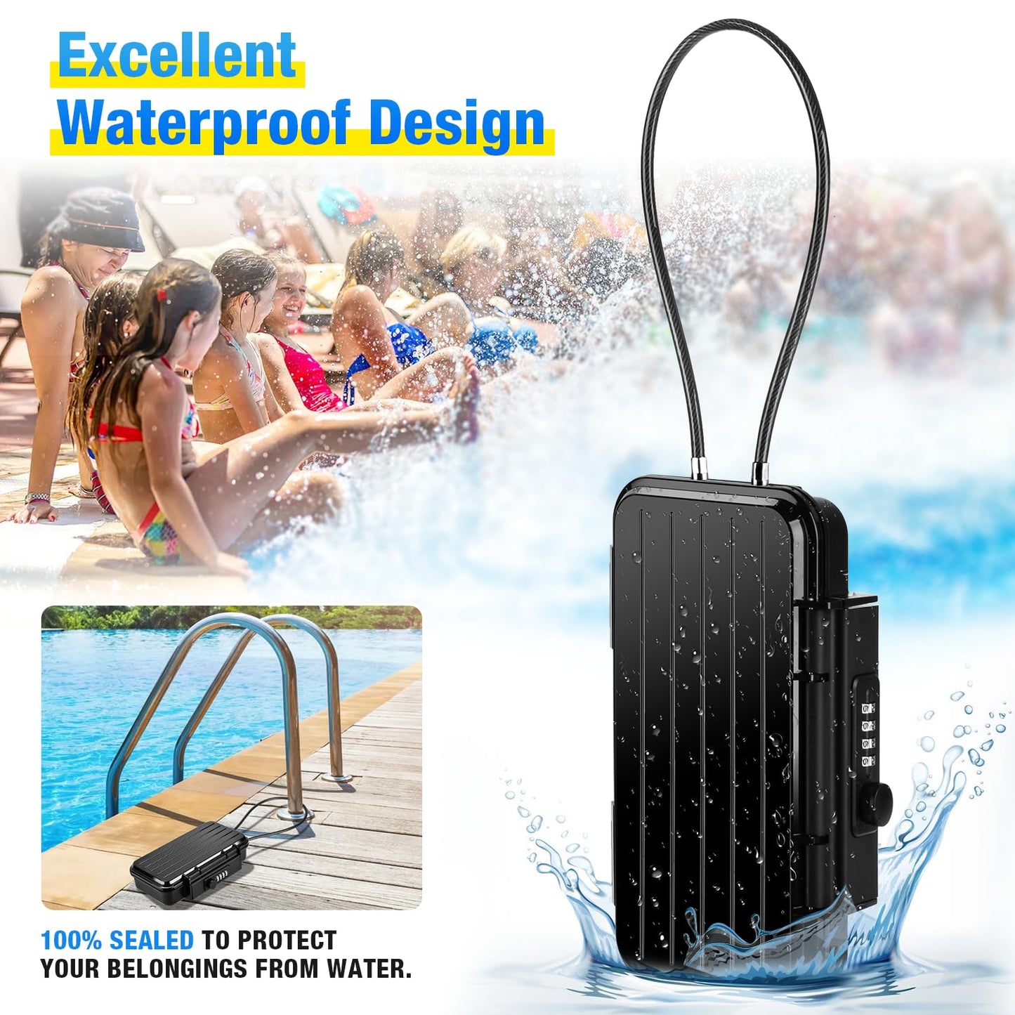 TEUEN Portable Safe Box, Waterproof Anti-Theft Beach Travel Safe Box Combination Security Lockbox with Removable Wire Rope Portable Lock Box for Dorm, Hotel, Home, Office, Car