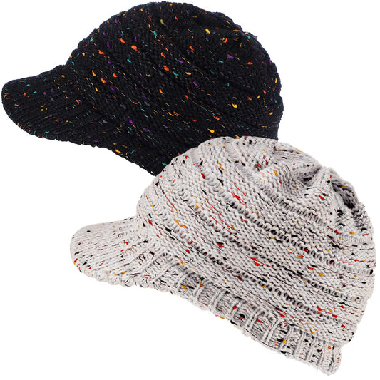 Neer 2 Pcs Women Winter Beanie with Visor Knit Hat with Brim Warm Soft Chunky Newsboy Hats Grey Black Snow Cap