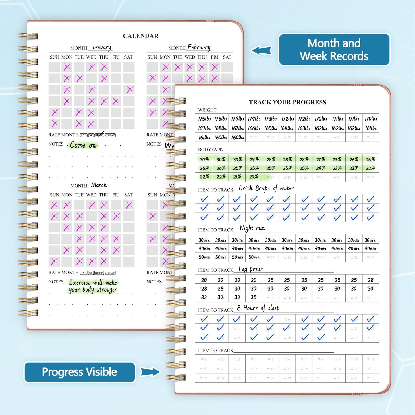 Fitness Journal Workout Journal for Women & Men, Hard Cover Leather Fitness Planner, Workout Log Book With Gym Goals, Calendar, Progress Tracker, A5-5.7" x 8.3" - Rose Gold