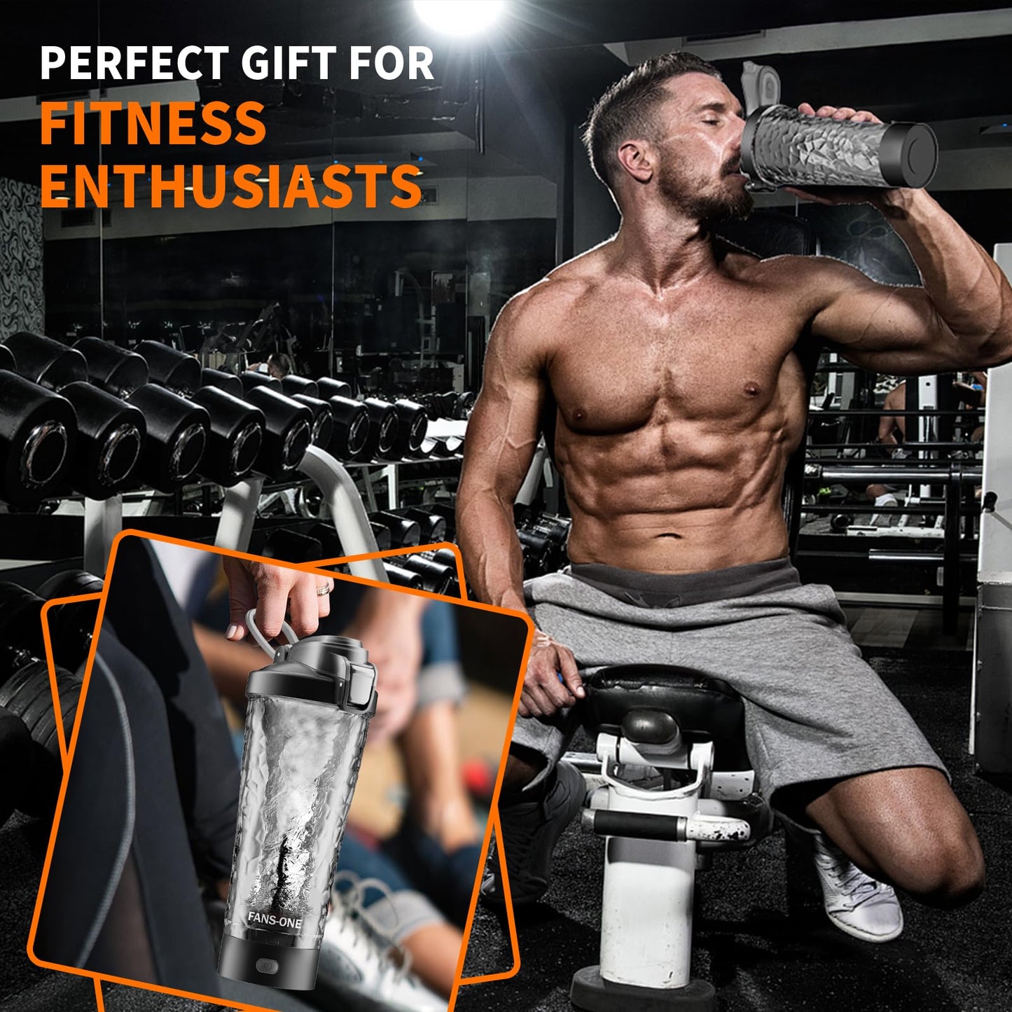 FANS-ONE Premium Electric Protein Shaker Bottle, 24 oz Lockable Blender Shaker Bottles, Made with Tritan, BPA Free, USB Rechargeable Mixer Blender Cup for Protein Shakes, Black