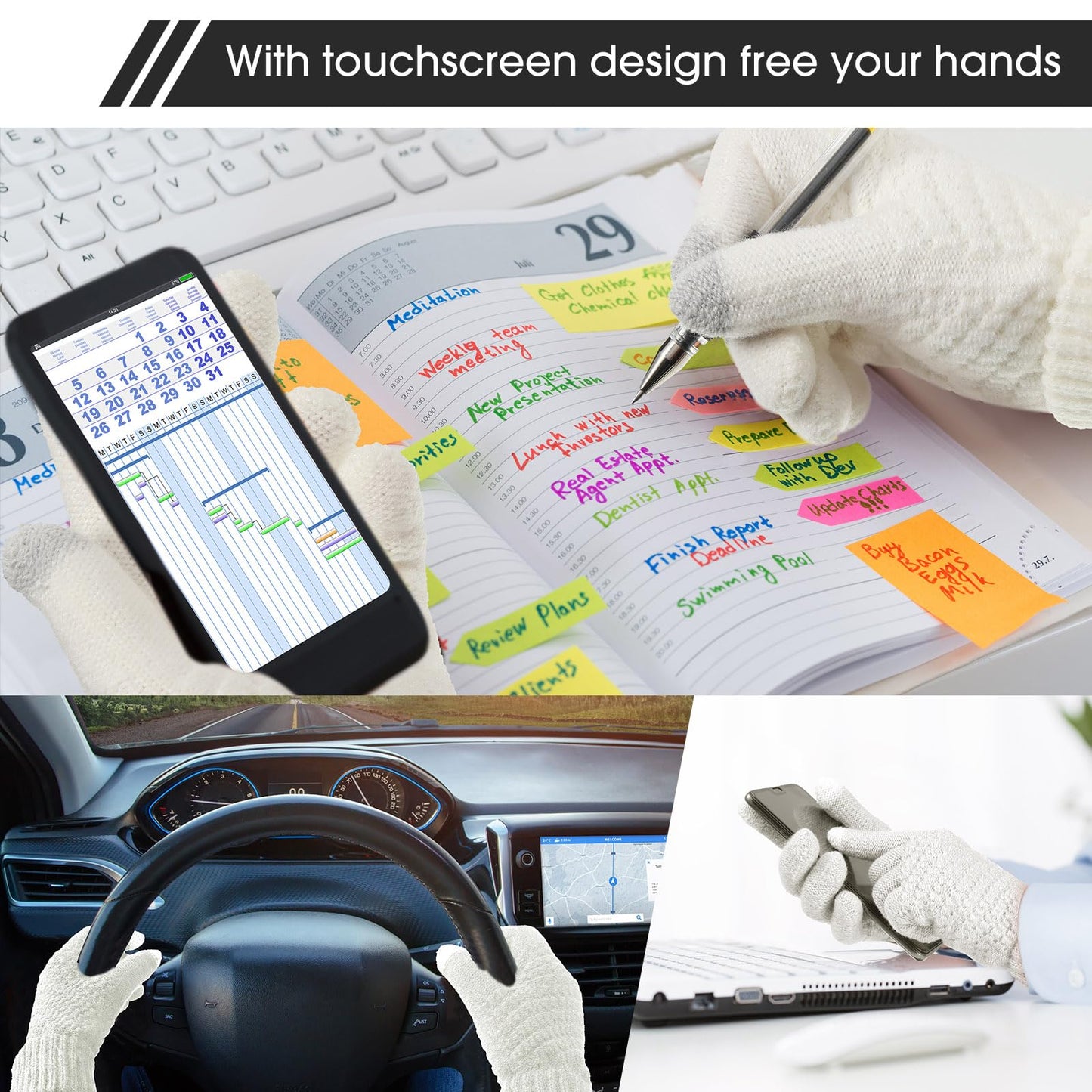 SATINIOR 6 Pieces Women Knit Beanie Hats Touchscreen Gloves Set for Winter Cute Hats Soft Skull Cap Gifts for Christmas(White,Simple Style)