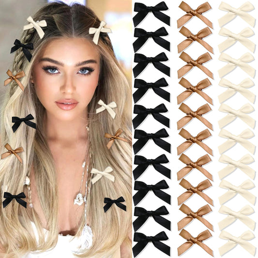 SAWINDA 30PCS Mini Hair Bows Beige Black Brown Small Bows for Hair Silky Satin Bows for Women Cute Hair Ribbon Bowknot Barrettes Sweet Alligator Hair Bow Clips Accessories for Teens and Girls