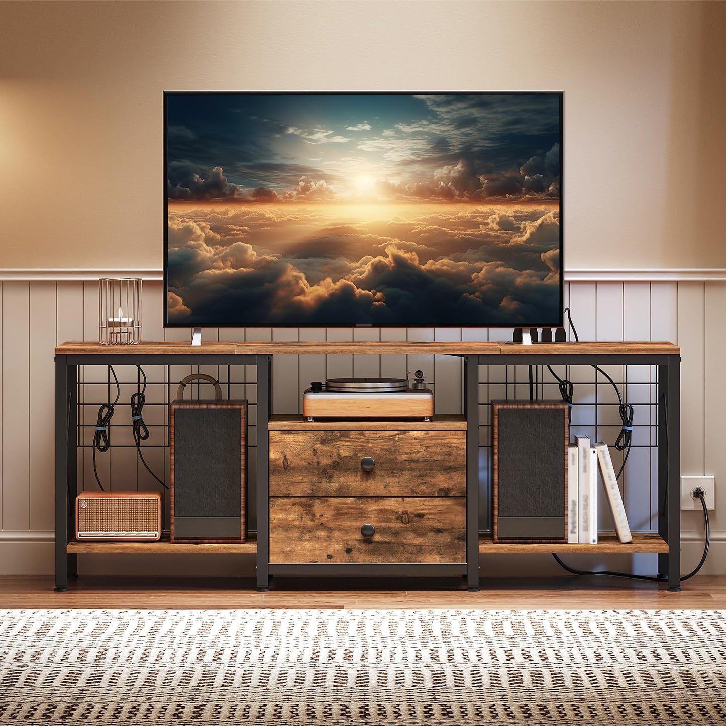 YATINEY TV Stand with Power Outlet Up to 60 Inch, Entertainment Center with 2 Fabric Drawers, TV Console Table with Open Storage Shelves for TVs, Cable Management, for Living Room, Bedroom, DS14UBRY1