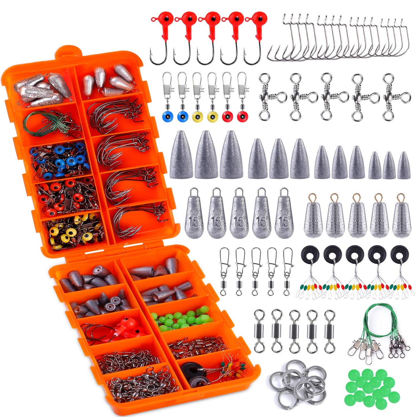 TOPFORT 187/343pcs Fishing Accessories Kit, Including Jig Hooks, Bullet Bass Casting Sinker Weights, Fishing Swivels Snaps, Sinker Slides, Fishing Set with Tackle Box