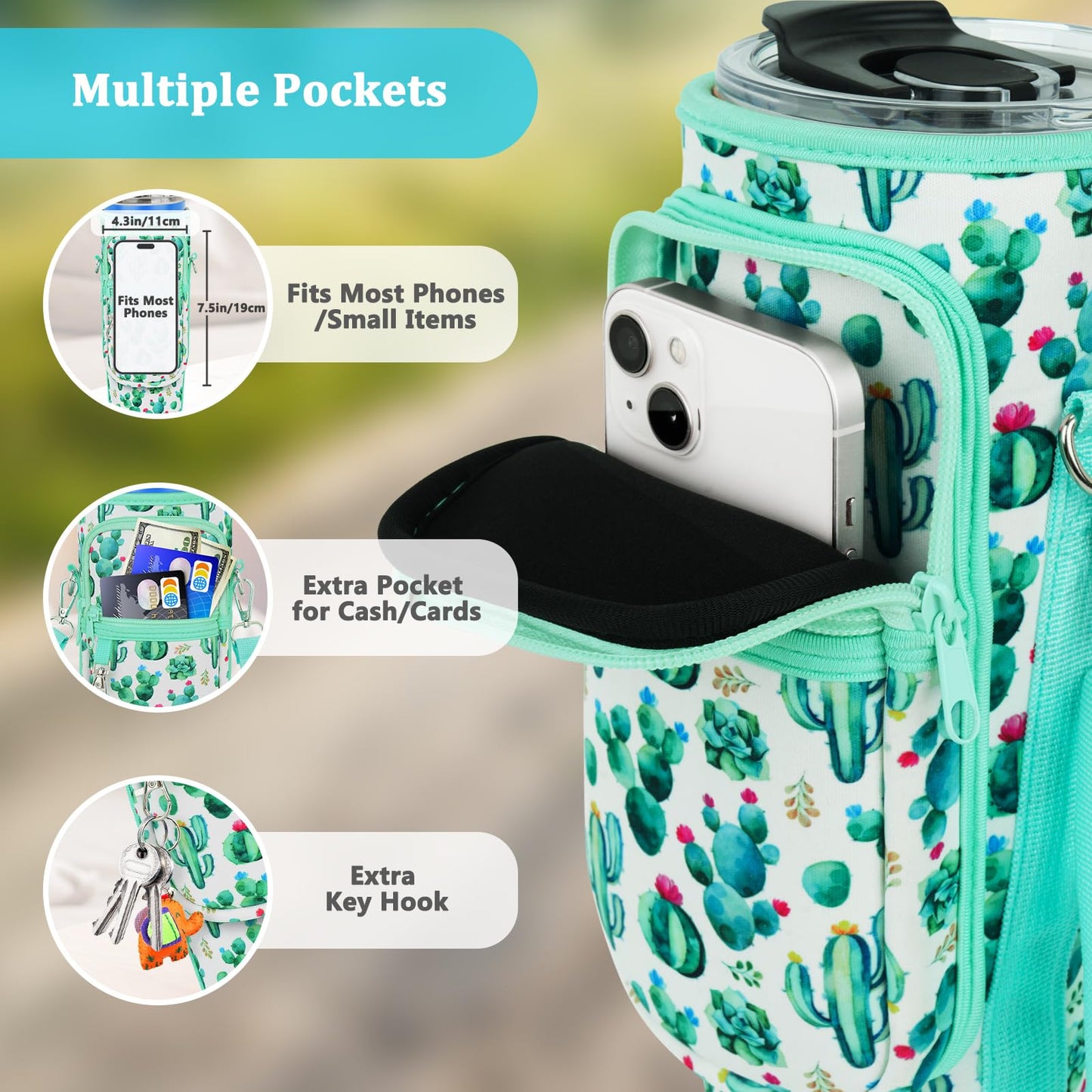 Water Bottle Carrier Bag with Phone Pocket Compatible with Stanley/Meoky 40 oz Tumbler with Handle,Neoprene Water Bottle Holder Pouch with Adjustable Strap Compatible with Stanley Cup Accessories