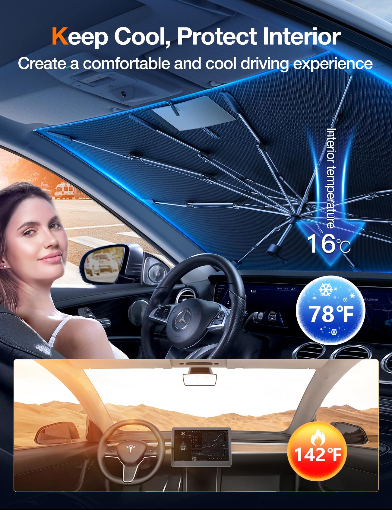 [2025 Upgrade] AKEsepe Windshield Sun Shade Umbrella for Car-[World-Class Quality Certified] Block UV Rays&Sun Heat,Protect Car Interior,Retractable Handle,Zipper with Wide Bandage,M(54" L x 31" W)