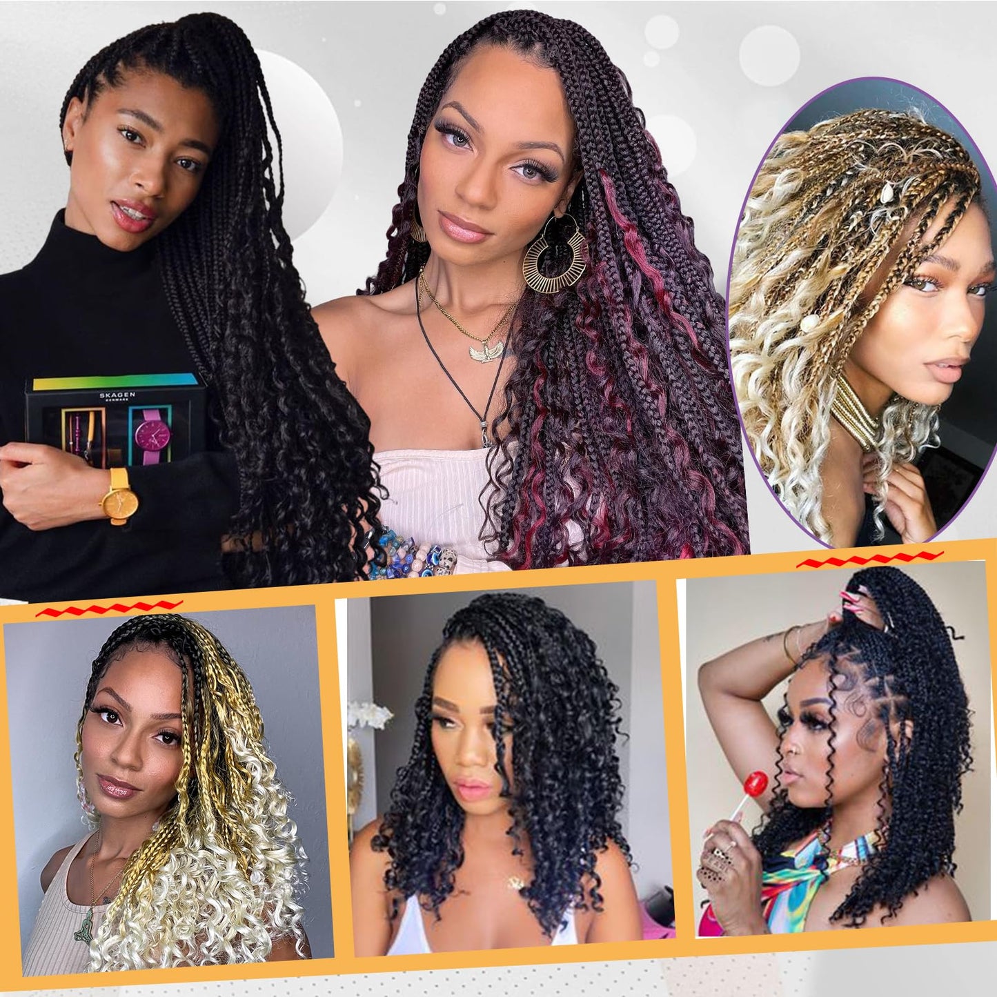 Beverlee 14 Inch 8 Packs Boho Box Braids Goddess Box Braids Crochet Hair Bohemian Hippie Braids Braiding Hair Box Braids with Curly Ends Messy Pre-looped Synthetic Crochet Hair for Black Women 128 Strands 1B/27#