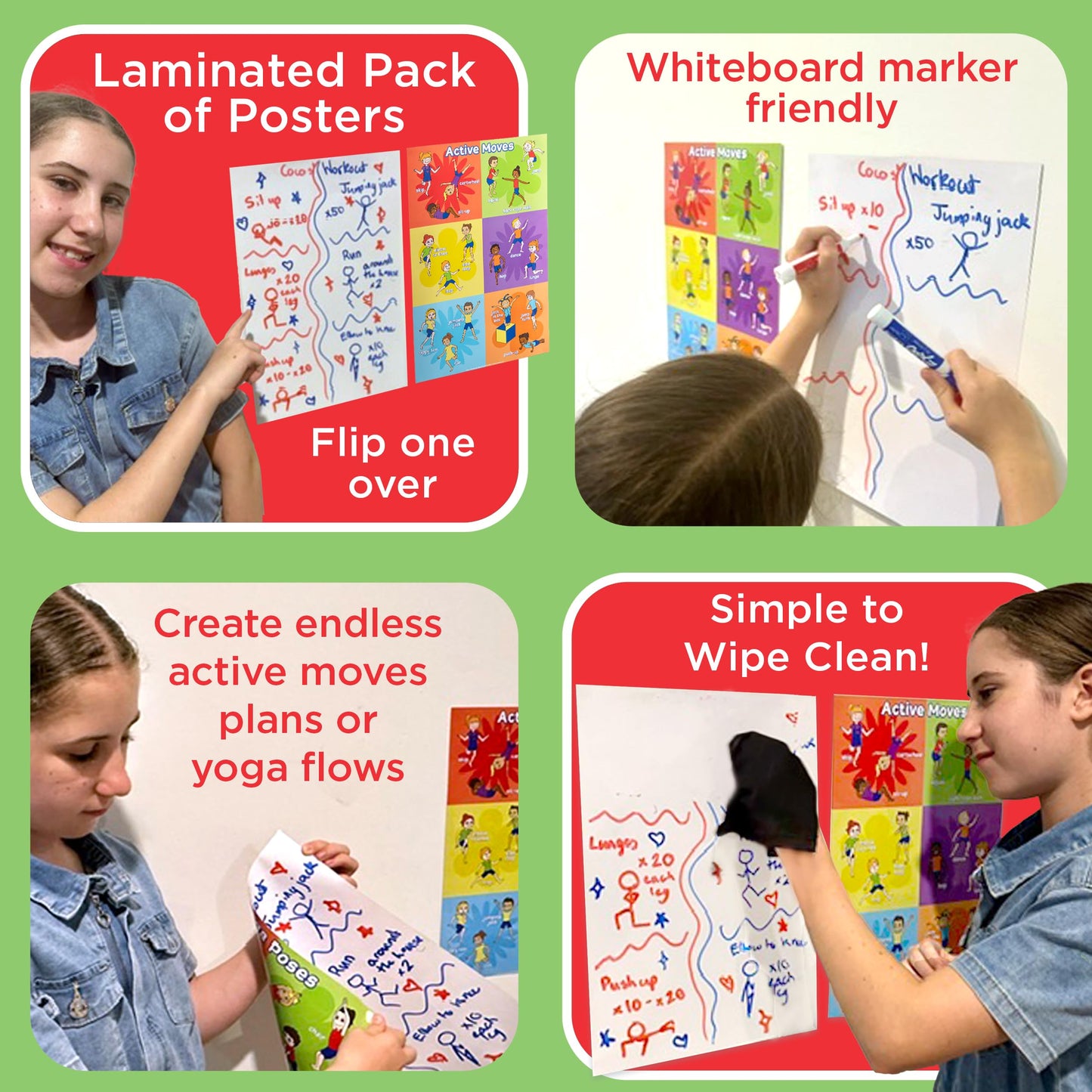 Covelico Kids Yoga Poses Poster and Exercise PE Posters - Set of 2 x A3 Laminated Physical Therapy Posters. Vibrant Physical Education Classroom Decor and Essential PE Teacher Supplies for PE Class.