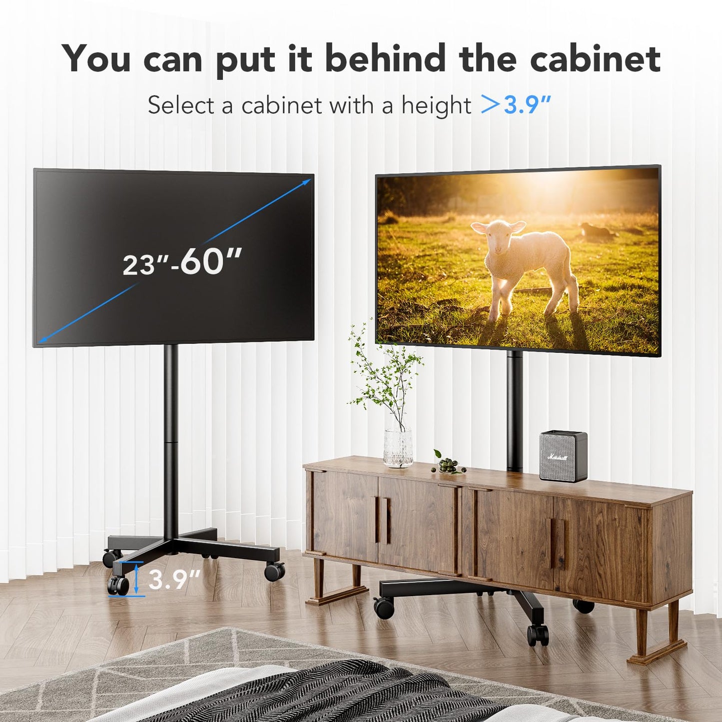 AX WABER Mobile TV Cart Stand with Wheels for 23-60" tvs, Height Adjustable, Portable Floor Stand Holds up to 88 lbs, Rolling TV Mount max VESA 400x400mm