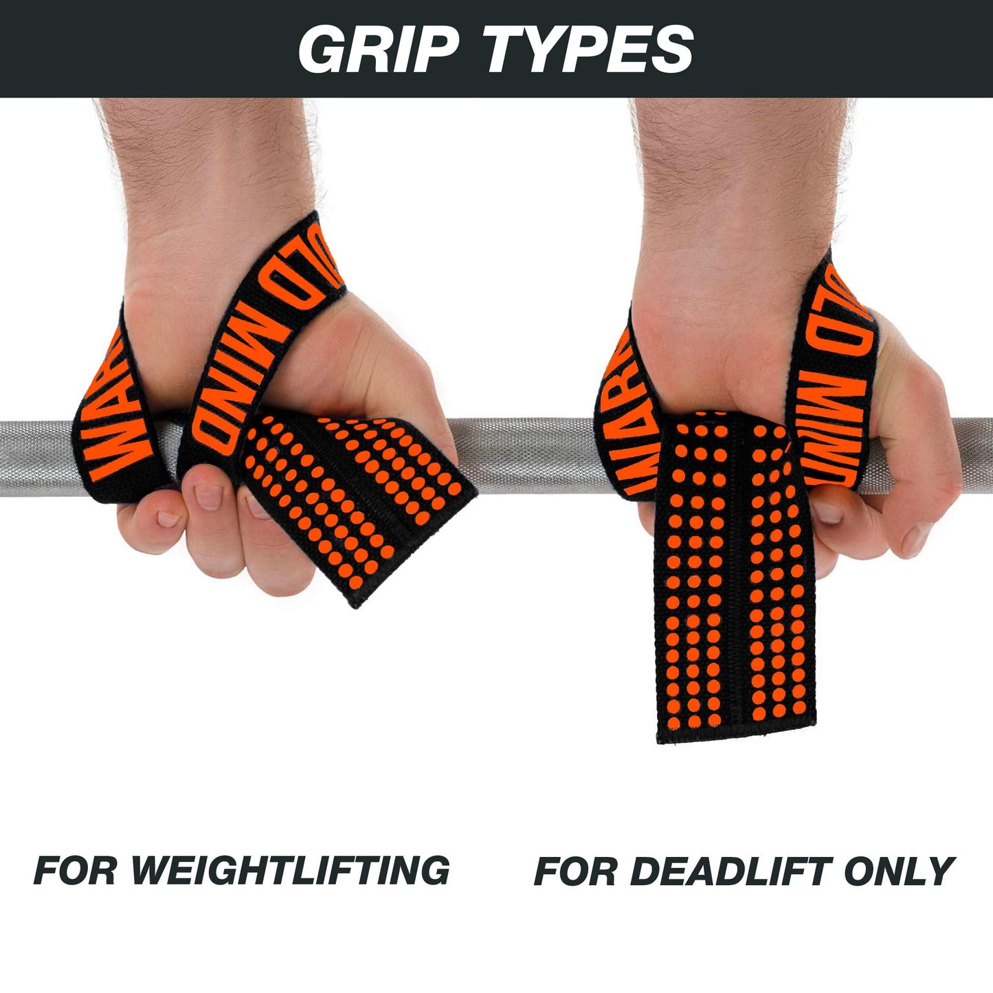 WARM BODY COLD MIND V1 Lifting Wrist Straps for Olympic Weightlifting, Powerlifting, Bodybuilding, Functional Strength Training, for Crossfit - Heavy-Duty Cotton Wrist Wraps, Pairs (Black/Orange)