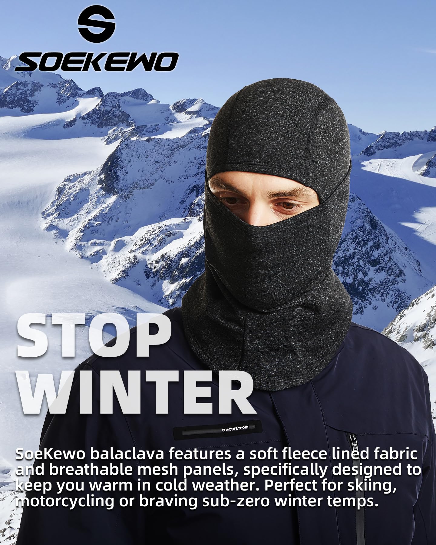 SoeKewo Balaclava Winter Ski Mask Fleece Thermal Face Mask Covering for Cold Weather Skiing Cycling Men Women, Gray