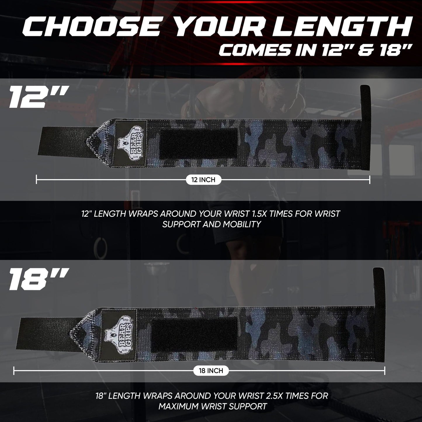 Bear Grips Wrist Wraps for Weightlifting | Weight Lifting Wrist Straps for Weightlifting | Extra Strength Gym Wrist Wraps | Two Wrist Wrap Per Pack | 12” & 18” | Lifting Wrist Wraps for Men & Women