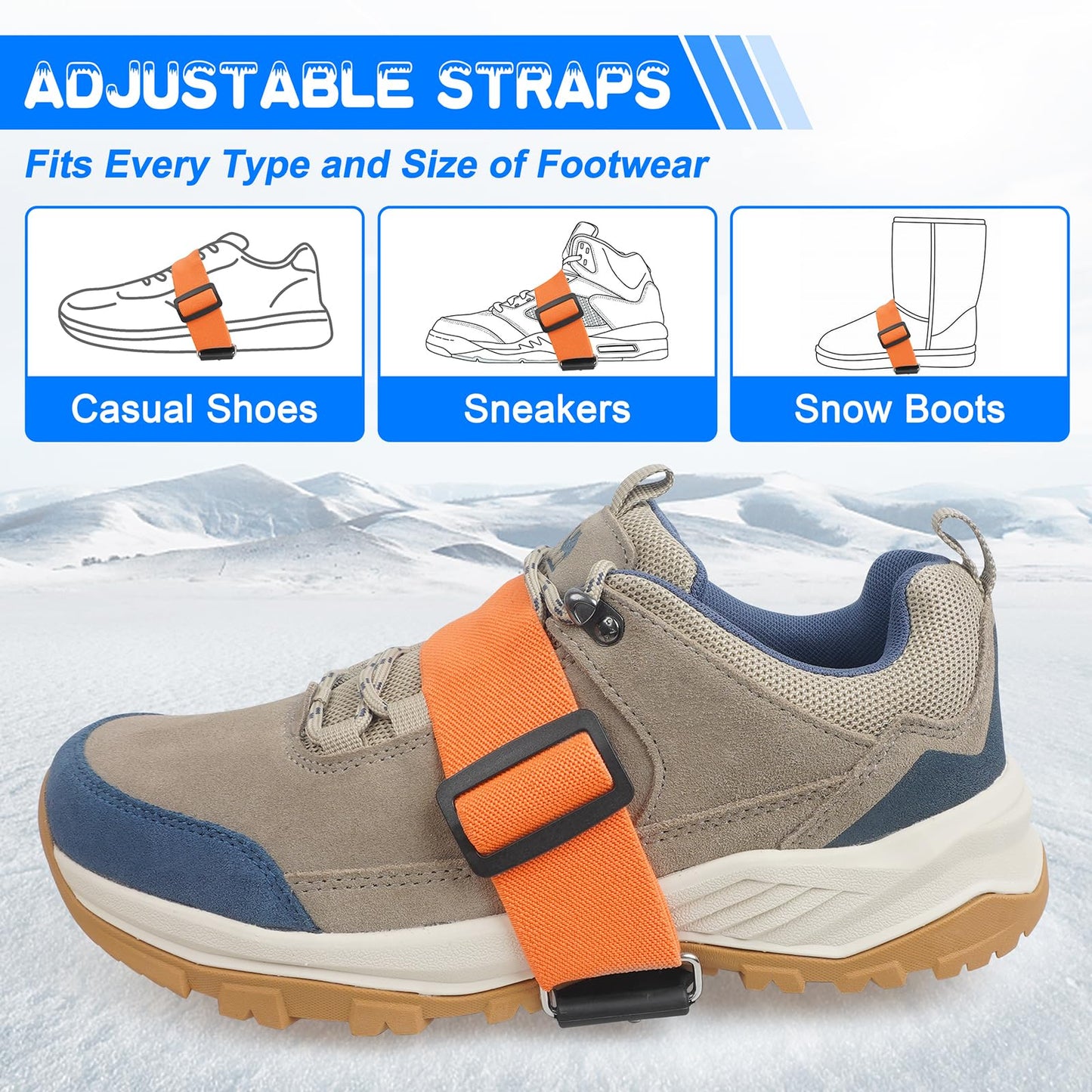 Ice Cleats Mid-Sole Snow Traction Cleats Crampons Anti Slip Snow Cleats for Shoes and Boots 7 Tungsten Studs Snow Grippers with Adjustable Straps Winter Walking on Snow and Ice(M- 2 Pairs)