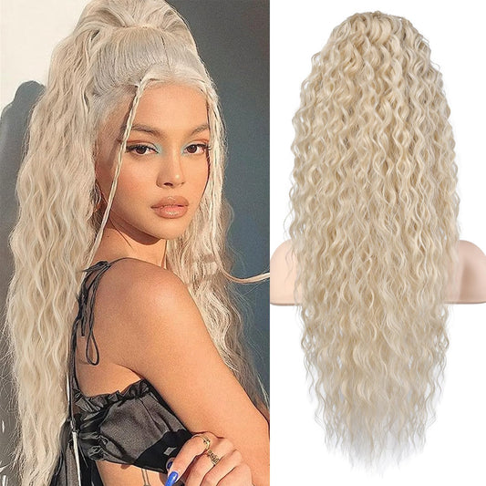 Flufymooz Ponytail Extension, 26 Inch Bohemian Style Drawstring Ponytail Hair Extensions for Women, Long Curly Wavy Ponytail Natural Synthetic Hairpiece for Women (26 Inch Cool Blonde)