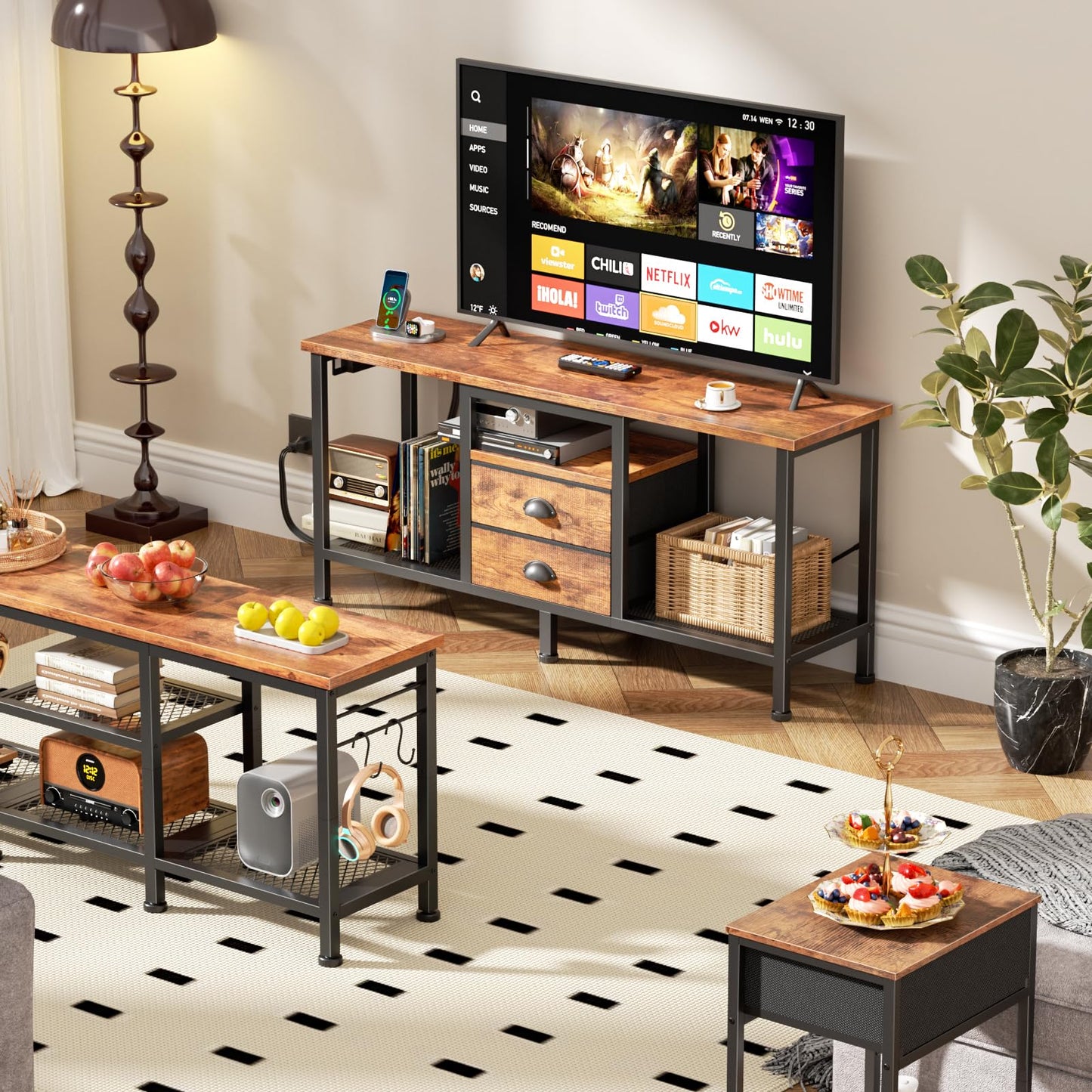 Furologee TV Stand with Power Outlets and 2 Fabric Drawers, 42 Inch Small Entertainment Center with Open Storage Shelves, Simple TV Console Table for Bedroom, Living Room, Rustic Brown