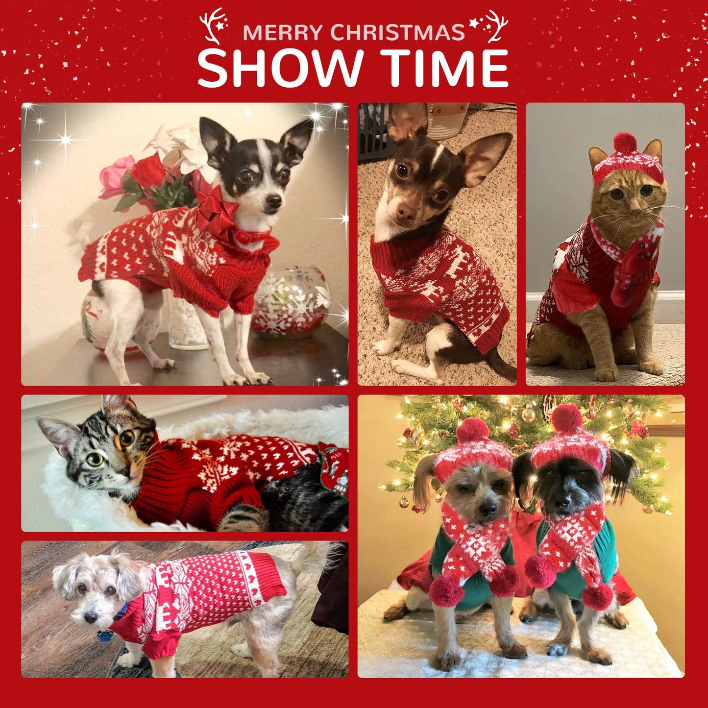 HRTTSY Dog Christmas Sweater Scarf and Hat Set for Small Dogs Cute Ugly Xmas Reindeer Snowflakes Puppy Cat Winter Clothes Soft Warm Fall Kitten Puppy Sweatshirt Pet Costume Chihuahua Outfits(Red,L)