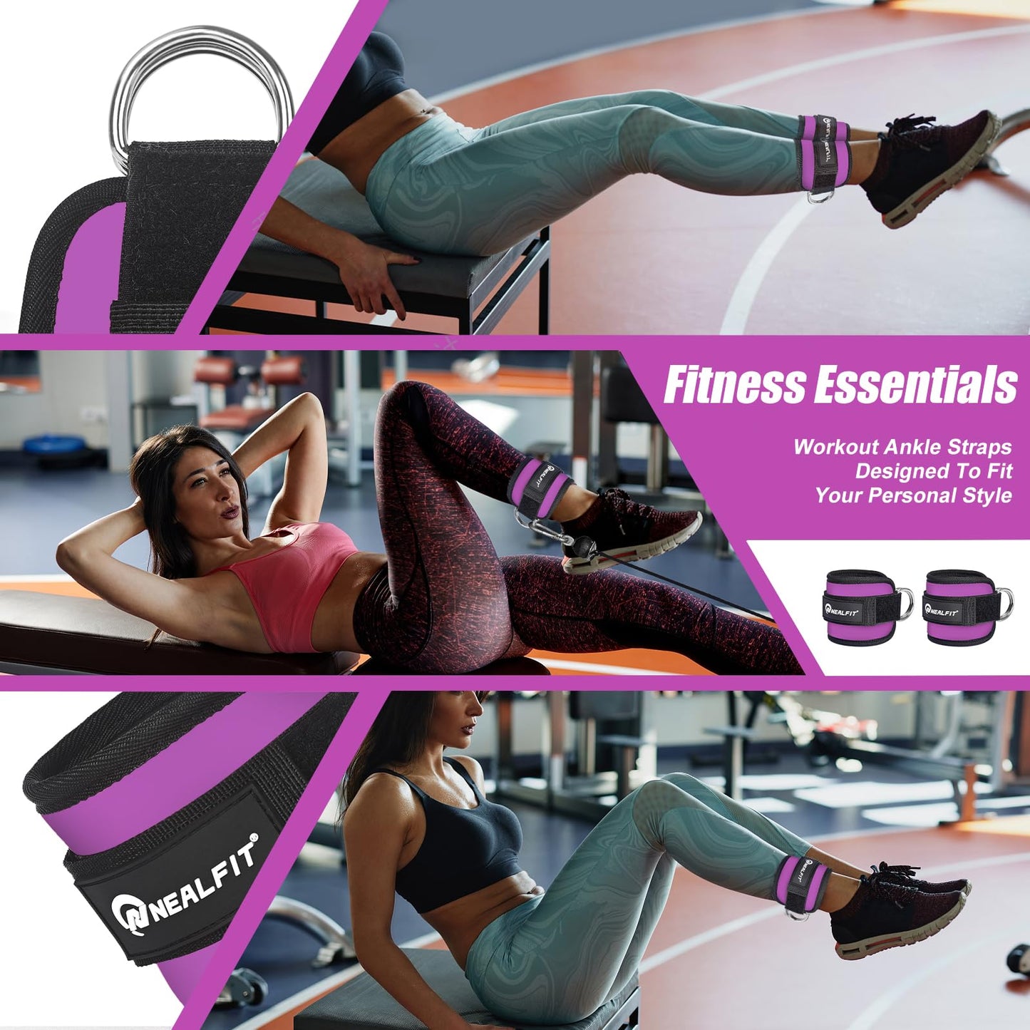 NEALFIT Ankle Strap for Cable Machine, Gym Ankle Cuff for Kickbacks, Leg Extensions, Glute Workouts, Booty Hip Abductors Exercise for Women and Men (Pair, Purple)