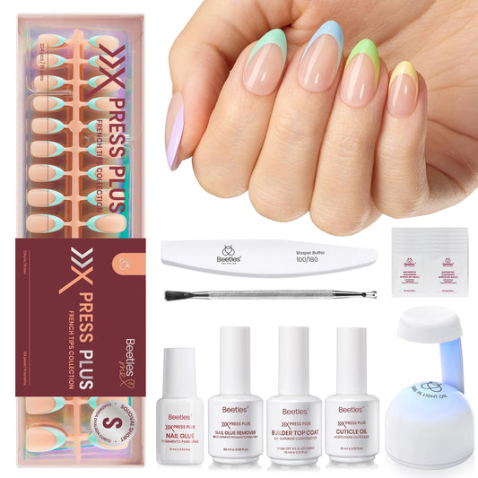 Beetles X Press Plus French Tips Press On Nails, 16 Sizes 224 Pcs Pastel Short Almond Press On Nails Gel Nail Tips Pre-Applied Primer Base Coat Soak Off Uv Nail Extension Manicure Gift for Women