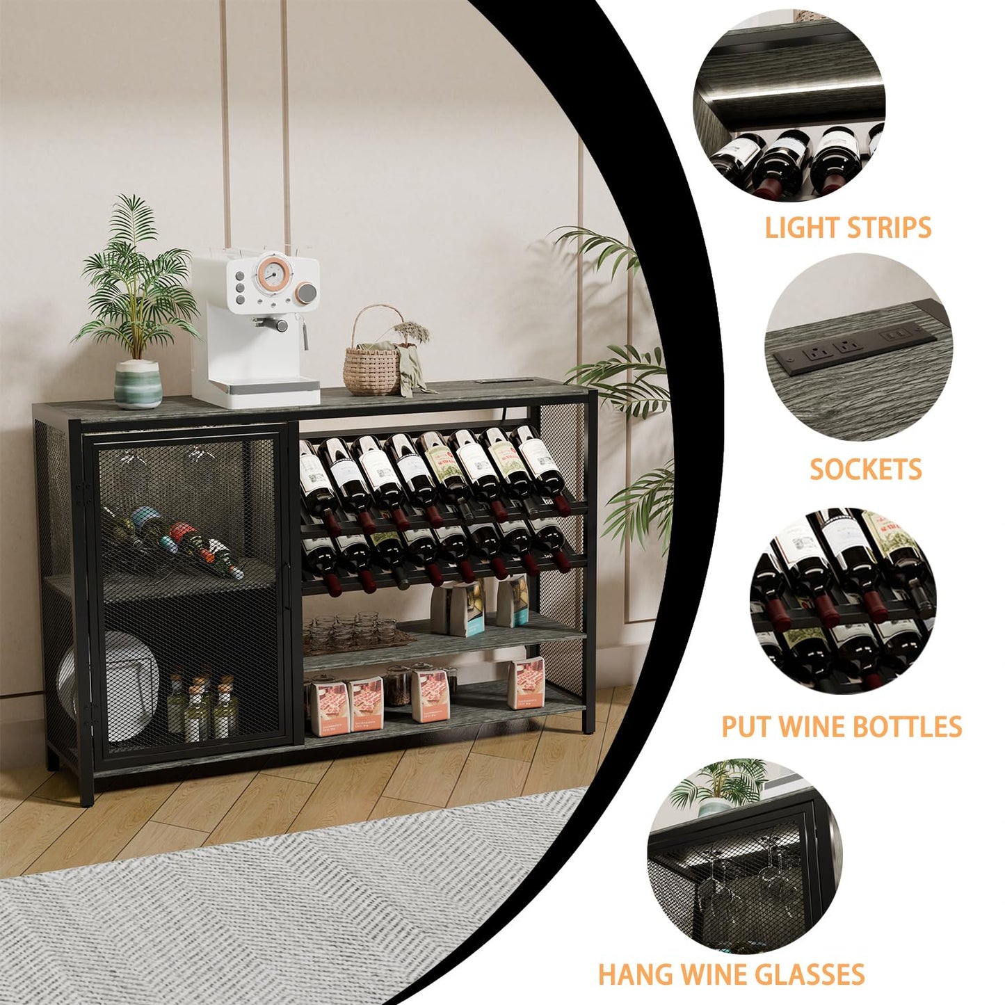 Wine Bar Cabinet with Socket and RGB Light, 47'' Home Coffee Bar Cabinet with Wine Rack and Glass Holder Buffet Sideboard TV Stand Liquor Cabinet for Living Room, Dining Room, Kitchen, Bar Grey
