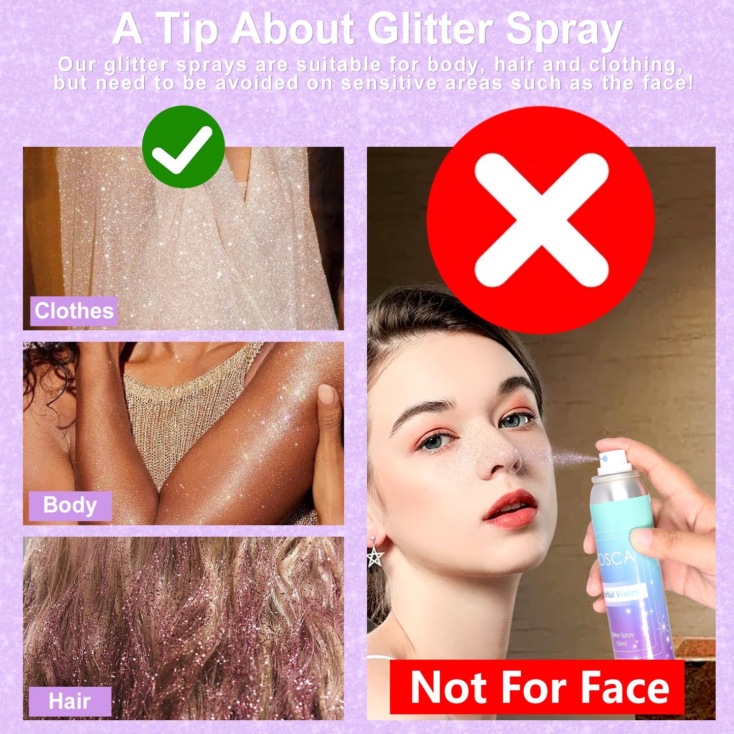 YOSCA Body Glitter Spray, 150ML Holographic Glitter Hairspray, Glitter Spray for Hair Body Clothes, Quick-Drying and Long-Lasting Shiny Glitter Spray for Festival Music Concert Party Rave Accessories