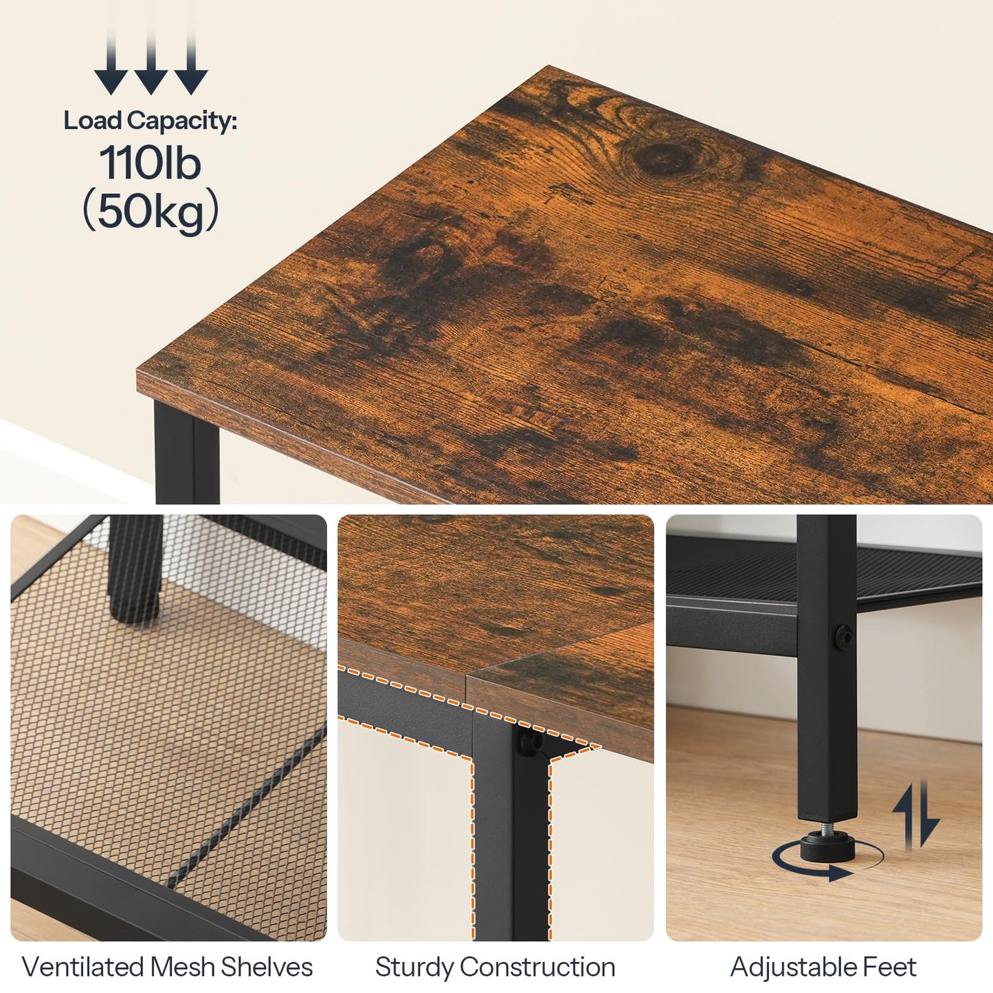 HOOBRO TV Stand with Charging Station to 55 Inches, LED Entertainment Center, Media TV Console Table with Open Storage Shelving for Living Room, Bedroom, Rustic Brown and Black BF122UDDS01