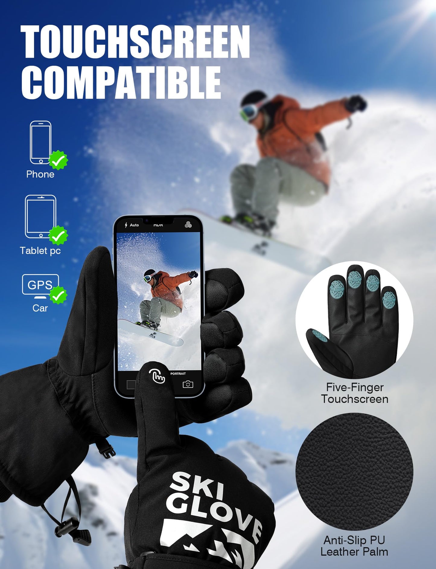 ZENUTA Winter Gloves Men, Snow Ski Gloves Waterproof Windproof Warm Thermal Gloves for Women, 5-Finger Touchscreen Gloves for Driving Workout Running Hiking Cycling Snowboarding (Large)