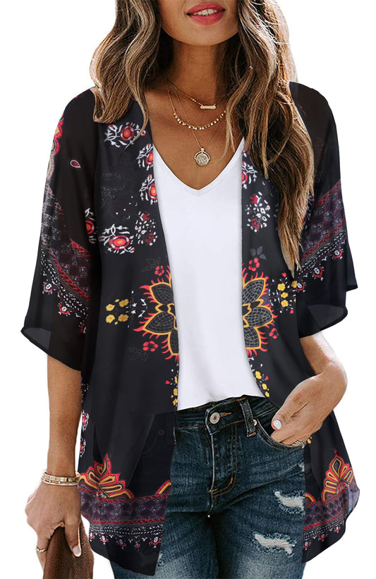 Womens Kimonos Beach Cover Up Chiffon Cardigan Floral Blouse Loose Fit Cape Top Summer Resortwear(Orange Black,M)
