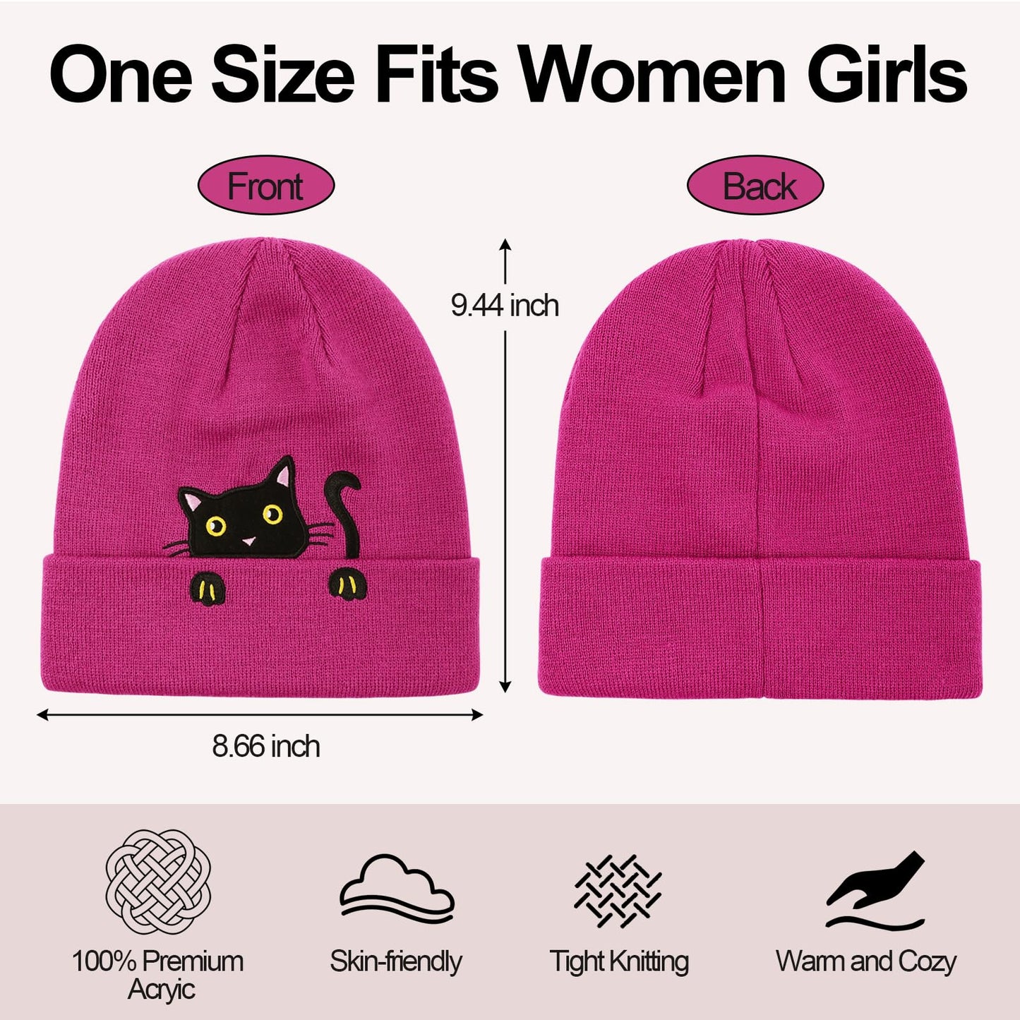Women's Cat Beanie Knitted Winter Hats for Women Girls with Novelty Socks Cute Cat Lover Gifts Funny Cat Mom Gifts Hot Pink