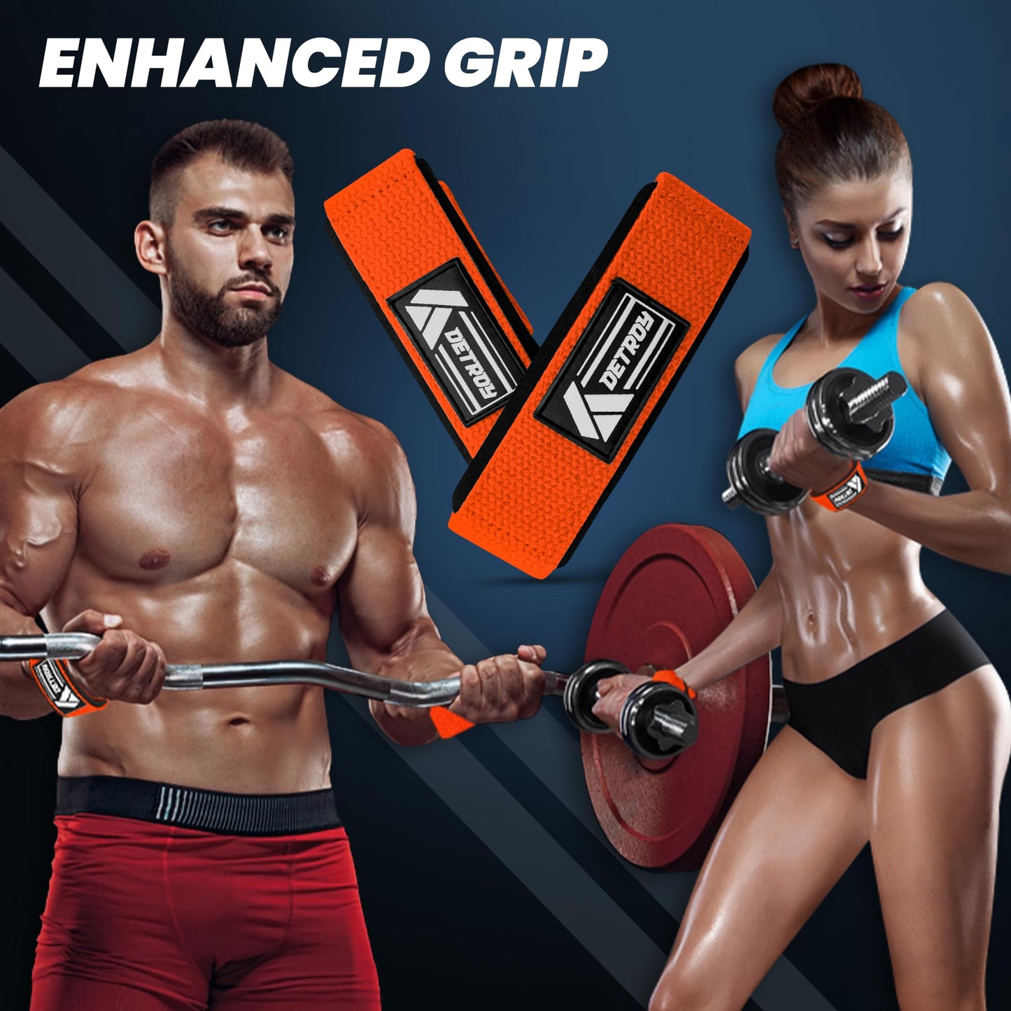 Detroy® Lifting Wrist Straps for Weightlifting, Deadlifts, Bodybuilding, Powerlifting, Gym Strength Training Workouts - Padded Neoprene with 24 inch Webbing Cotton with Silicone Grip for Men & Women (Orange)