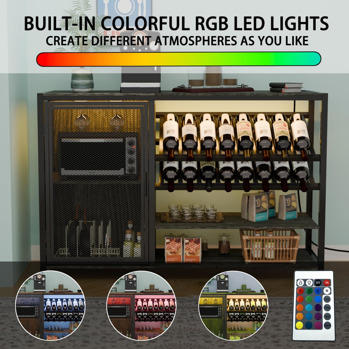 Wine Bar Cabinet with Socket and RGB Light, 47'' Home Coffee Bar Cabinet with Wine Rack and Glass Holder Buffet Sideboard TV Stand Liquor Cabinet for Living Room, Dining Room, Kitchen, Bar Grey