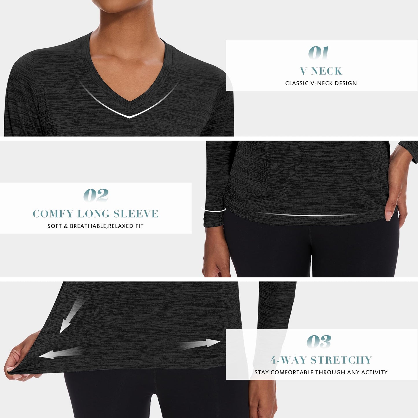 BALENNZ Long Sleeve Workout Shirts for Women V Neck Moisture Wicking Quick Dry Gym Athletic Top Shirts,Large