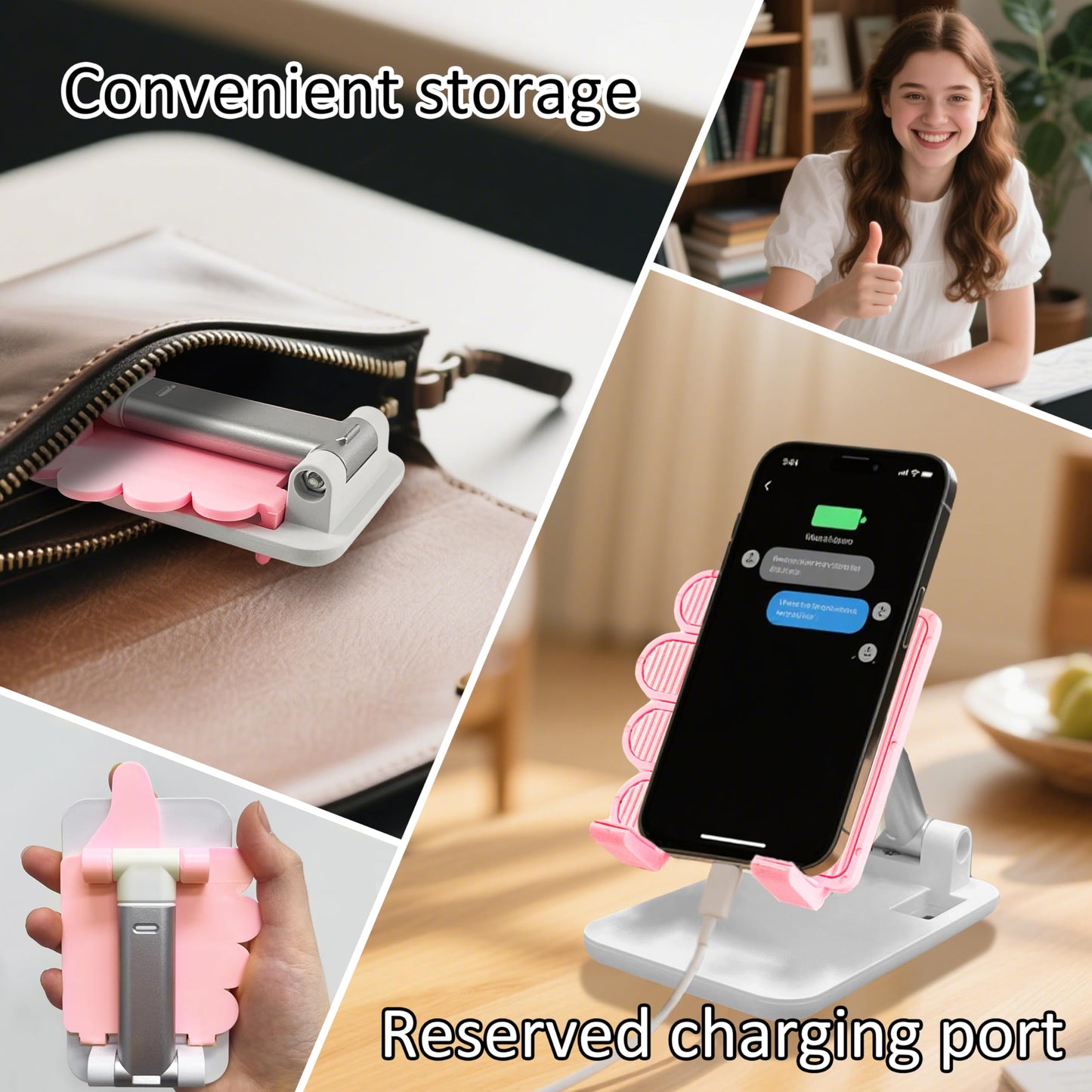 Yuibthr Foldable Cell Phone Stand Non-Slip,Thumbs Up Adjustable Phone Holder with Silicone，Portable Phone Stand for Desktop Compatible with All Mobile Phones (Pink)