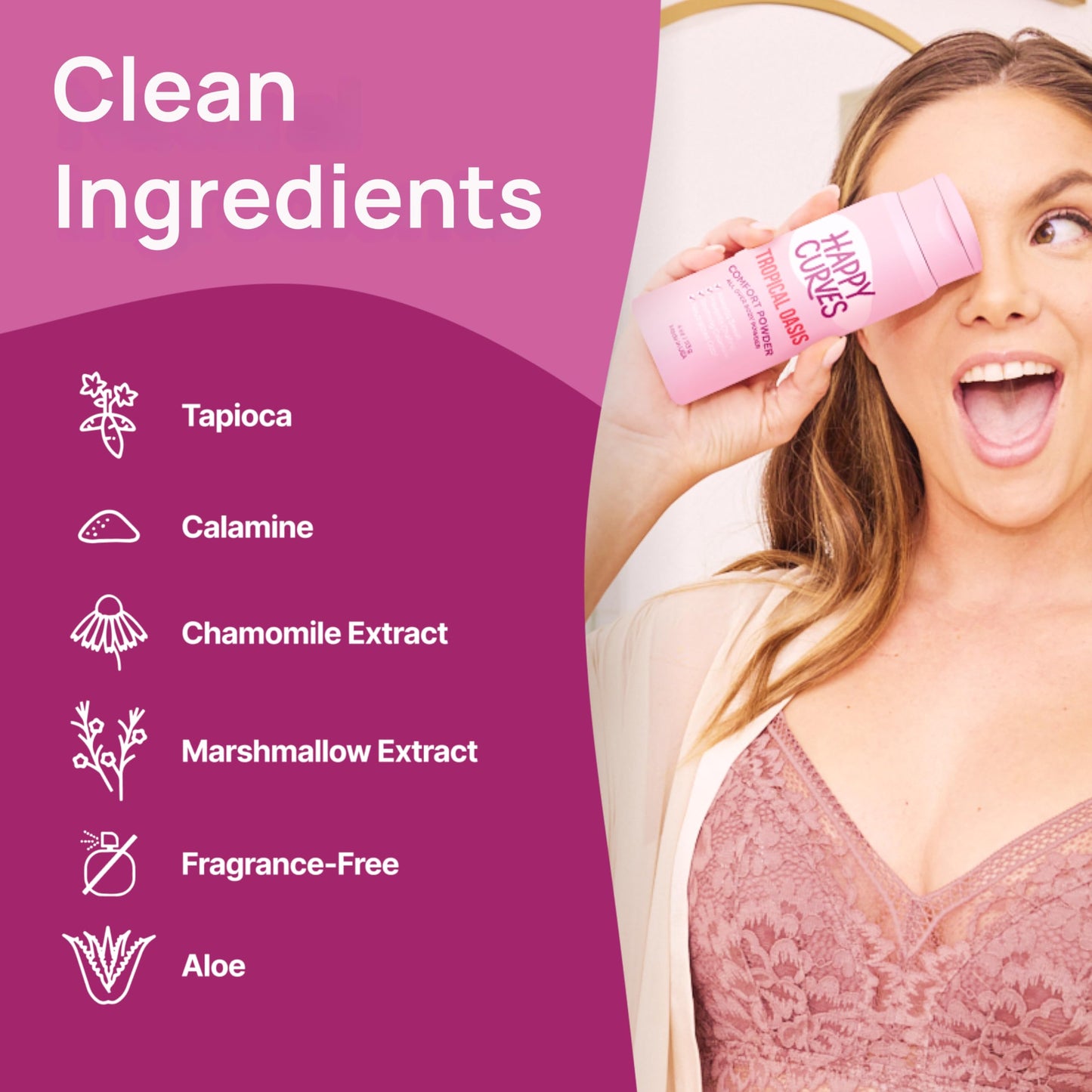 HAPPY CURVES Comfort Powder: Talc Free Anti Chafe Body & Foot Powder Deodorant to Control Inner Thigh Chafing, Private Areas, and All Over Body for Women 4 oz. (1 Pack, Tropical Oasis)