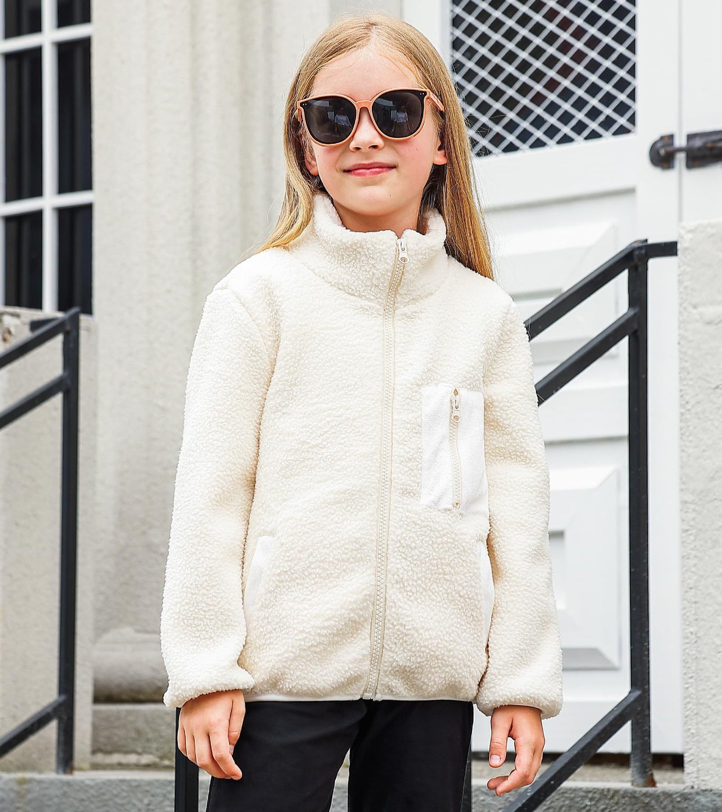 Fanient Girls Jacket Fleece Coat Sherpa Fuzzy Jackets Full Zip Outwear Jackets Solid Beige Long Sleeve Winter Coats Size 7-8
