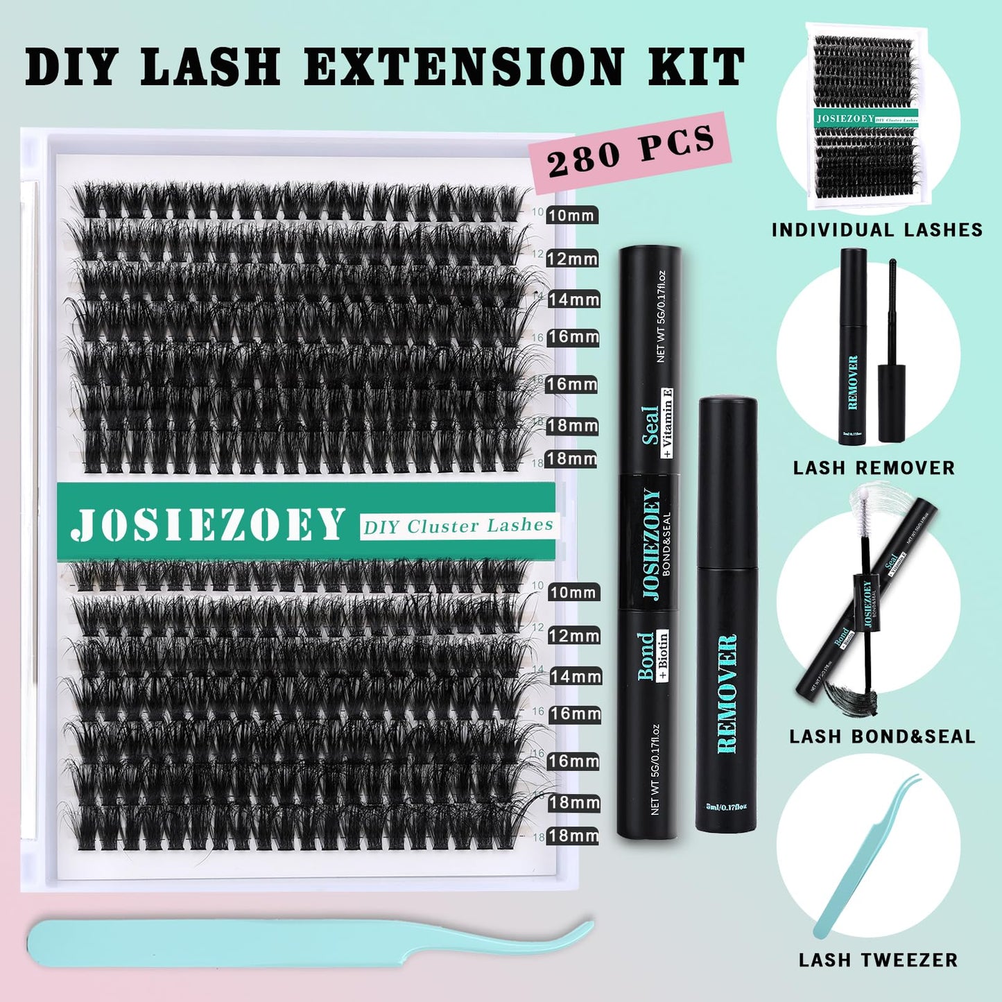 Fluffy Lash Clusters Kit 60D DIY Lash Extension Kit With 10-18MM Wispy Individual Lashes Cluster Lash Bond and Seal Remover Tweezers for Eyelash Extension at Home(KIT-60D-280Pcs)