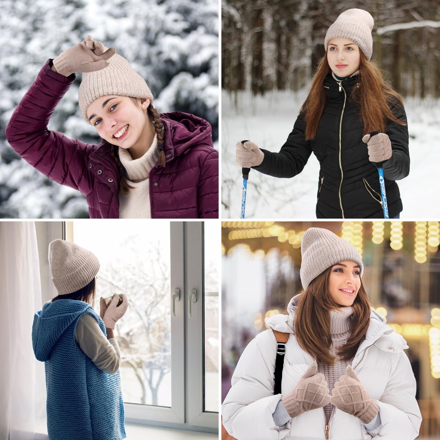 Winter Gloves Beanie Hat Set: Knit Fleece Lined Touch Screen Gloves Soft Skull Cap Set for Women for Outdoor Activities and Daily Use