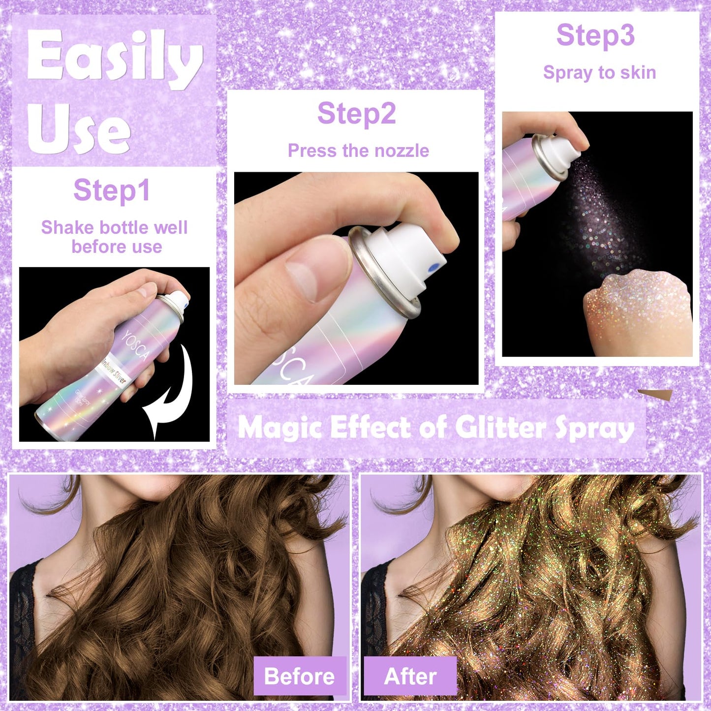 YOSCA Body Glitter Spray, 150ML Holographic Glitter Hairspray, Glitter Spray for Hair Body Clothes, Quick-Drying and Long-Lasting Shiny Glitter Spray for Festival Music Concert Party Rave Accessories