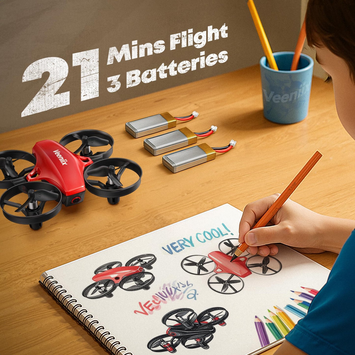 Veeniix V995 Red Mini Drone for Kids and Beginners,Indoor RC Quadcopter Plane with 3D Flips, 360° Rotation, Circle Fly, Auto Hover, Headless Mode, 21Mins 3 Batteries, Gift for Boys and Girls