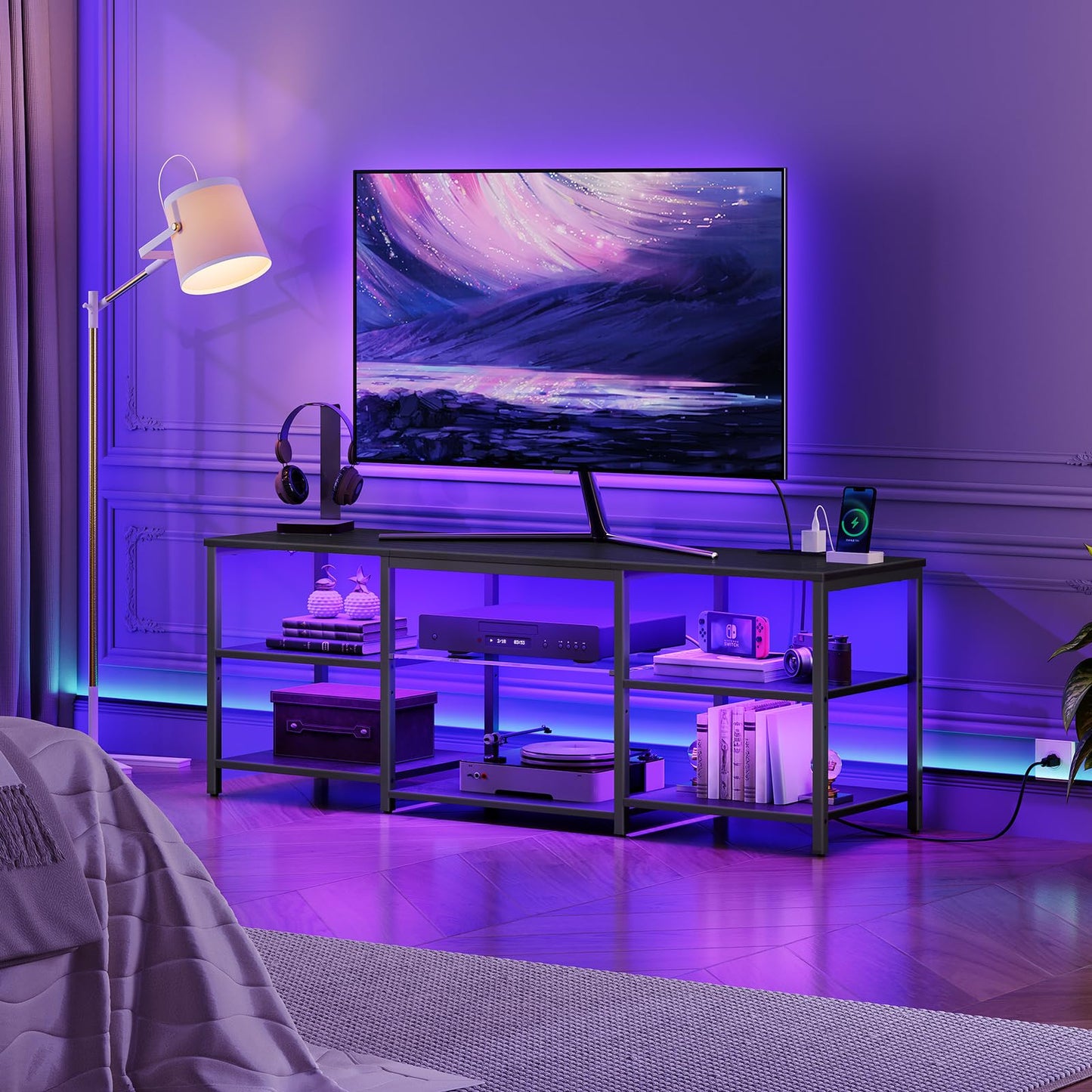 HOOBRO LED TV Stand for 65 Inch TVs with Charging Station, Gaming Entertainment Center with 3-Tier Open Storage, Long Media TV Console Table, TV Stand for Living Room, Bedroom, Black BB20UDDS01