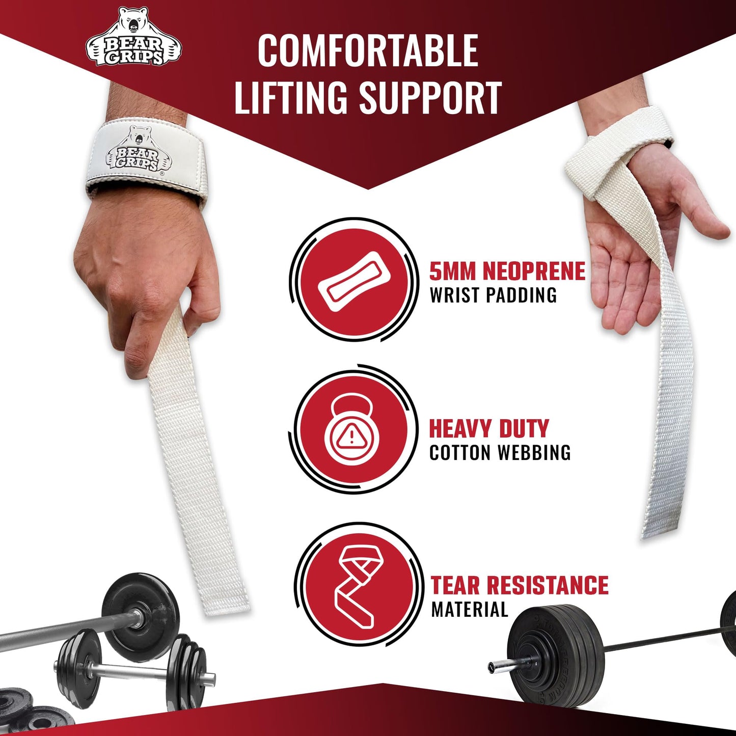 Bear Grips Lifting Straps Gym, Wrist Straps for Weightlifting, Gym Straps, Weightlifting Straps, Deadlift Straps, Weight Lifting Straps for Men, Weight Straps Lifting Women, 2 Lifting Strap | White