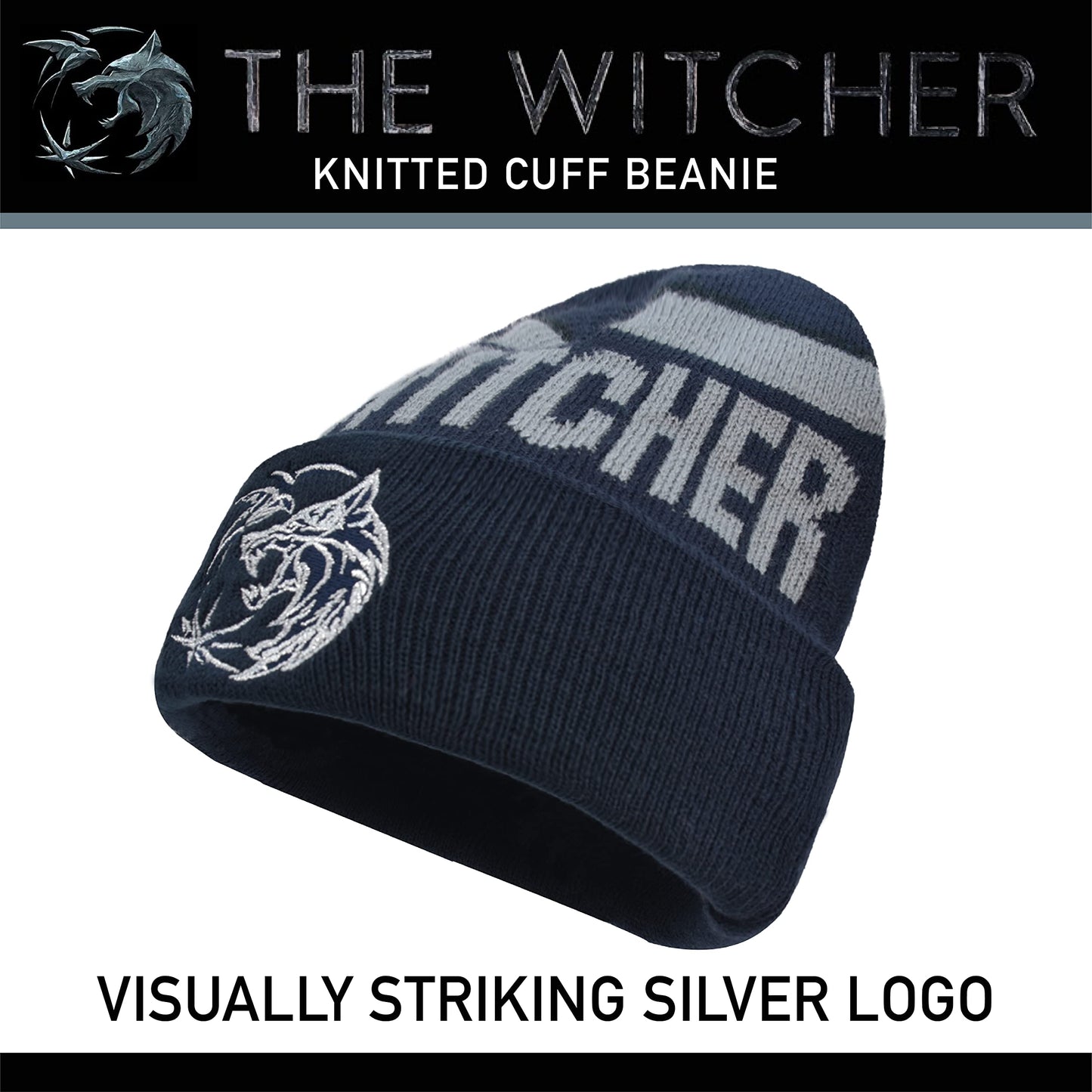 Netflix The Witcher Knitted Cuff Beanie Hat with Silver Logo, Black, One Size