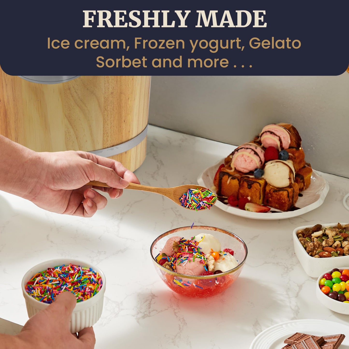 Elite Gourmet EIM916 Old Fashioned 6 Quart Vintage Wood Bucket Electric Ice Cream Maker Machine Appalachian, Bonus Classic Die-Cast Hand Crank for Churning, Uses Ice and Rock Salt