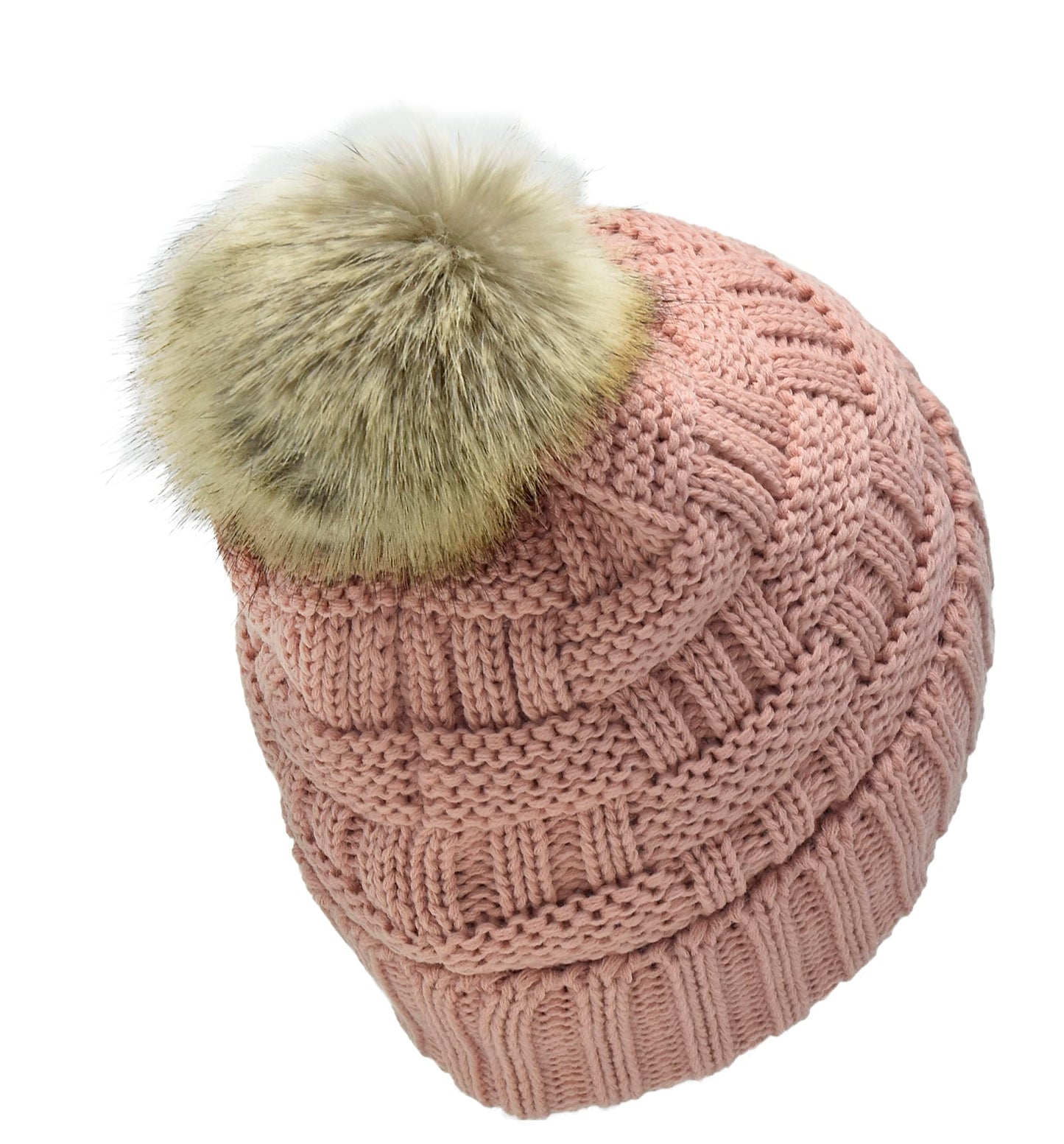 C.C. Beanie Thick Warm Fuzzy Sherpa Fleece Lining Ribbed Knitted Stretch Faux Fur Pom Beanie Hat